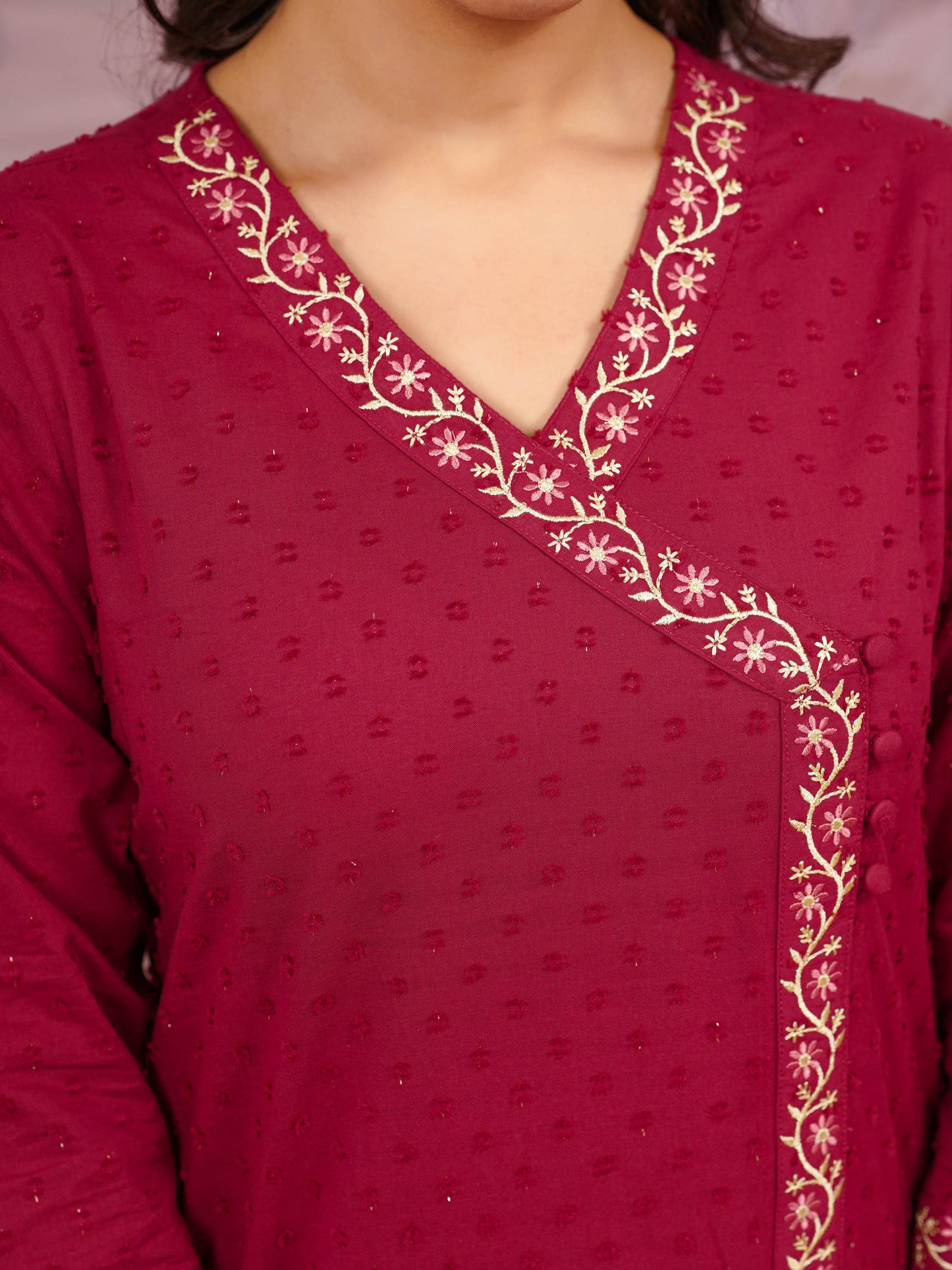 Embroidered Cotton Dobby Solid Straight Maroon Kurta