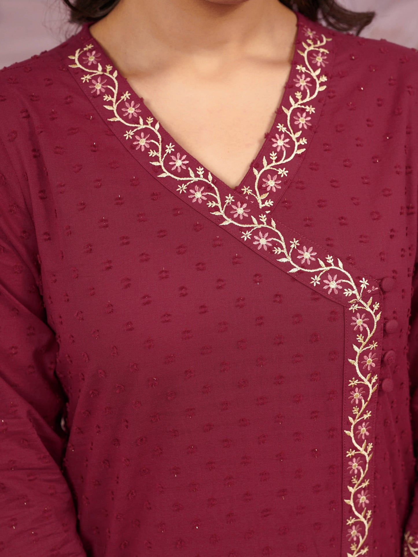 Embroidered Cotton Dobby Solid Straight Maroon Kurta