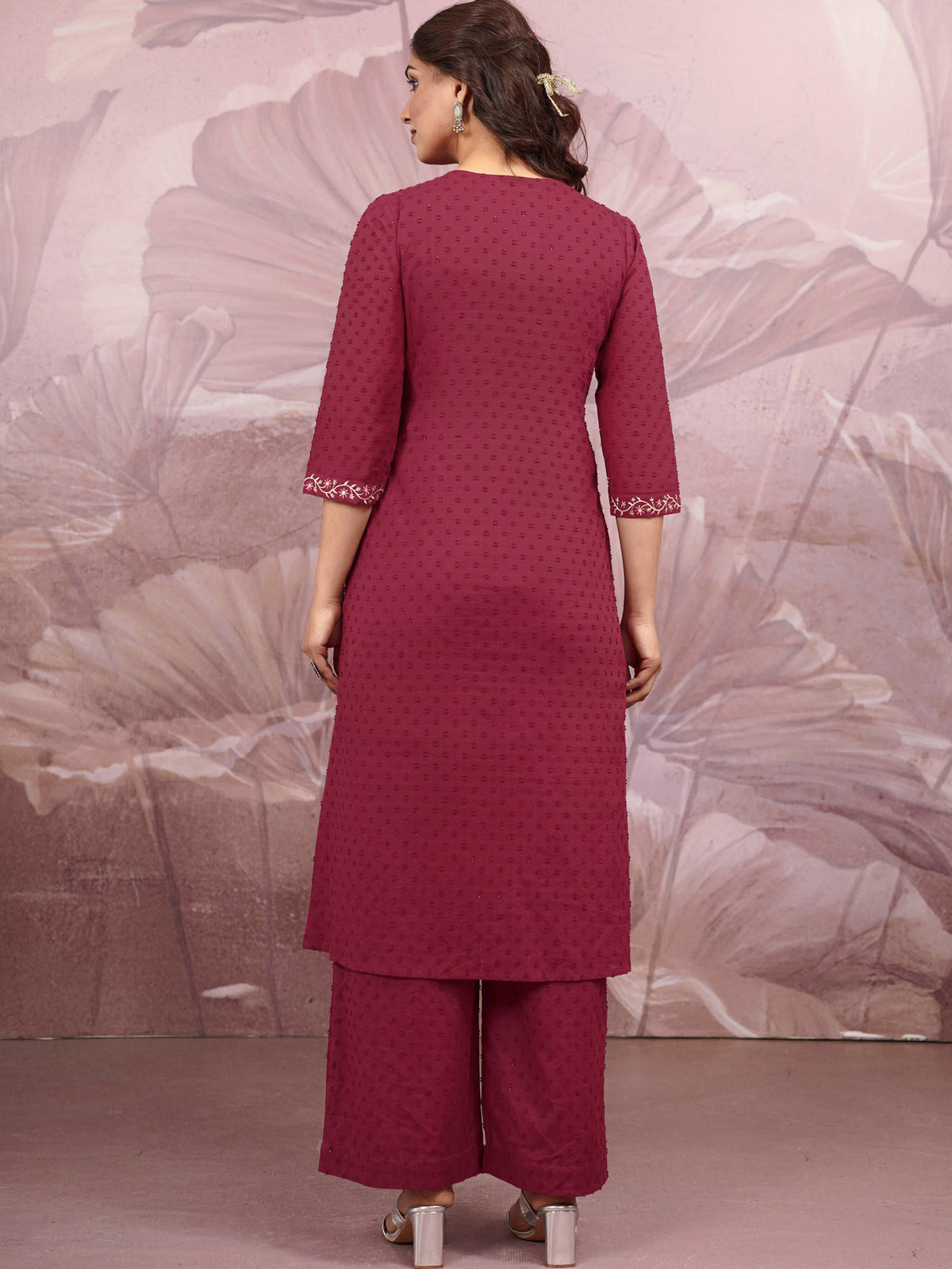 Embroidered Cotton Dobby Solid Straight Maroon Kurta
