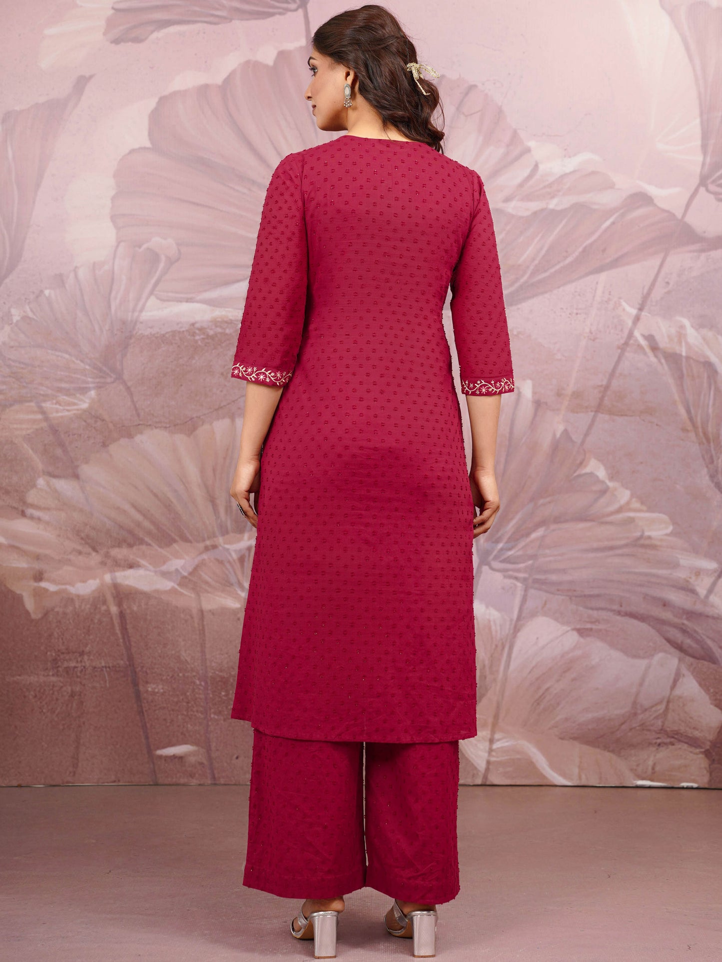 Embroidered Cotton Dobby Solid Straight Maroon Kurta