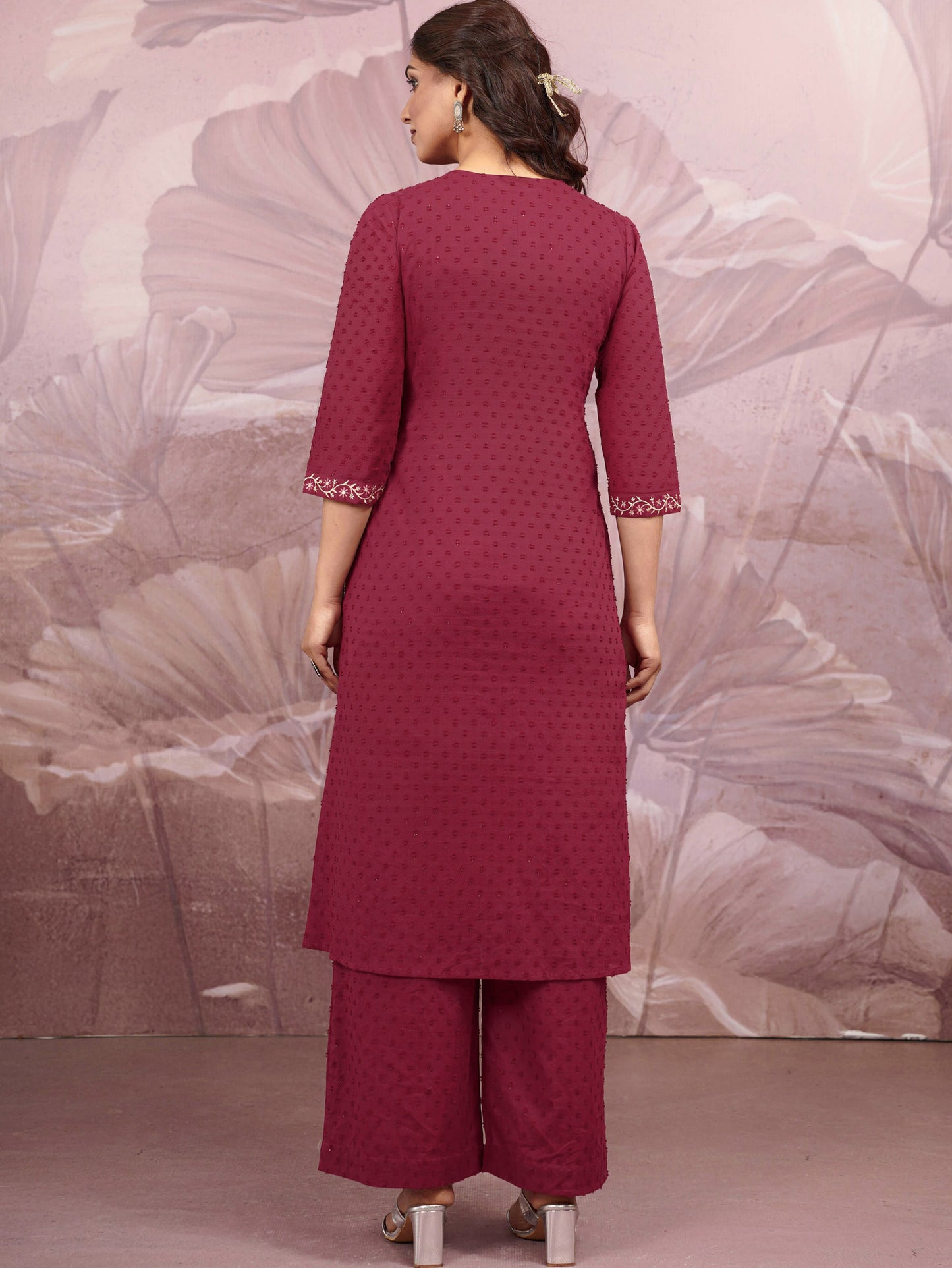 Embroidered Cotton Dobby Solid Straight Maroon Kurta