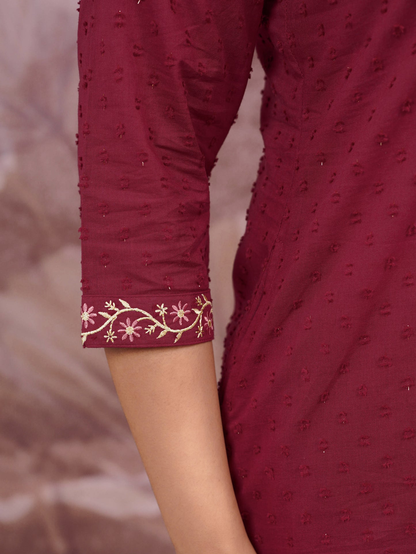 Embroidered Cotton Dobby Solid Straight Maroon Kurta