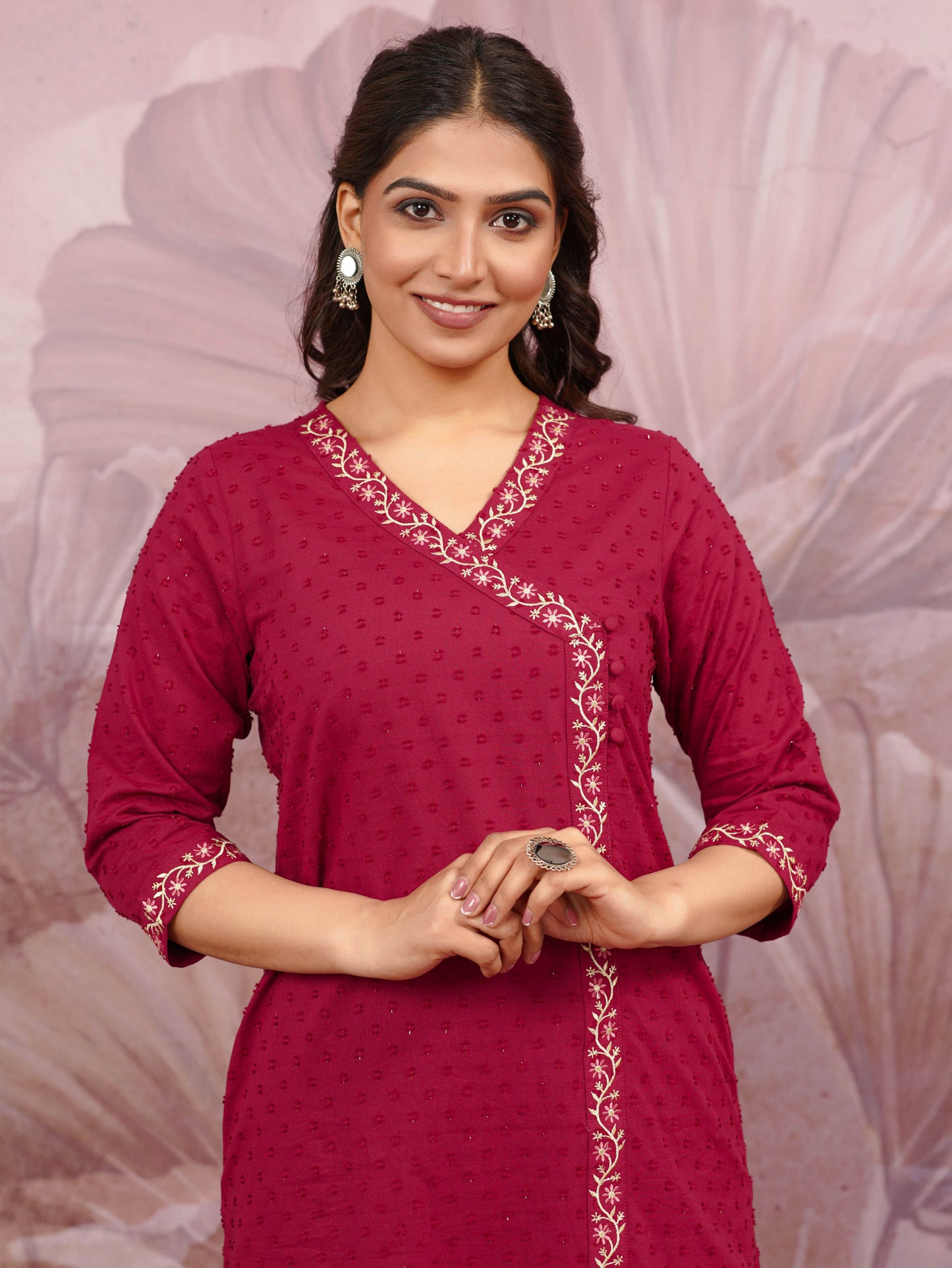 Embroidered Cotton Dobby Solid Straight Maroon Kurta