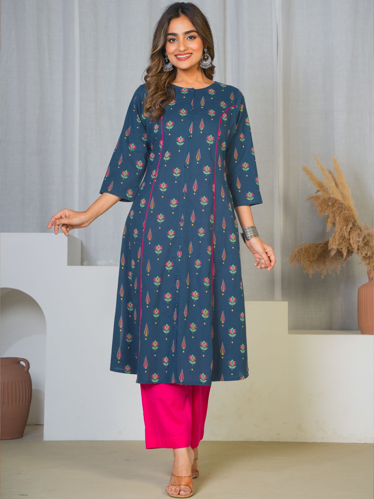 Soft Cotton Butti Flared Blue Kurta