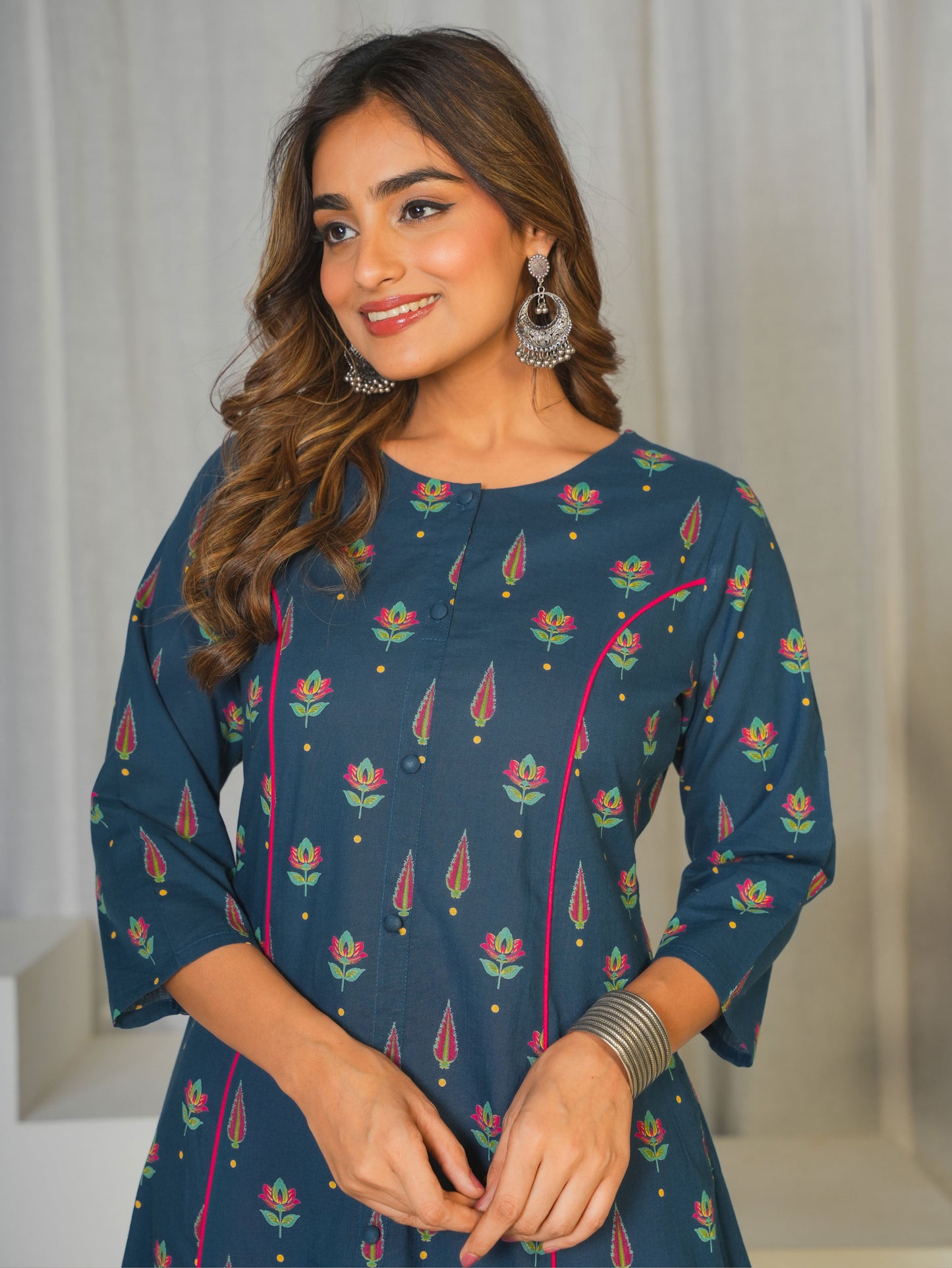 Soft Cotton Butti Flared Blue Kurta