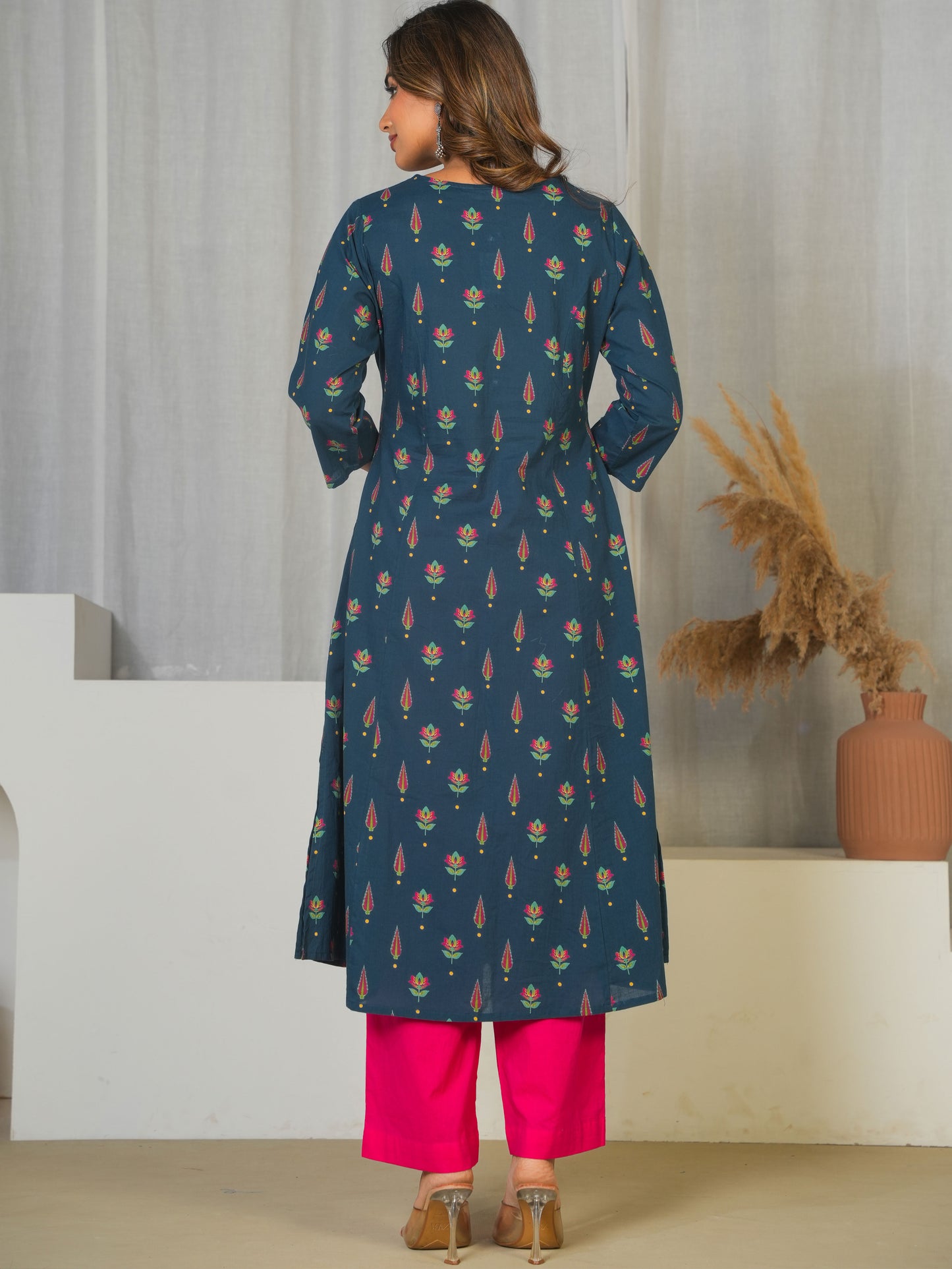 Soft Cotton Butti Flared Blue Kurta
