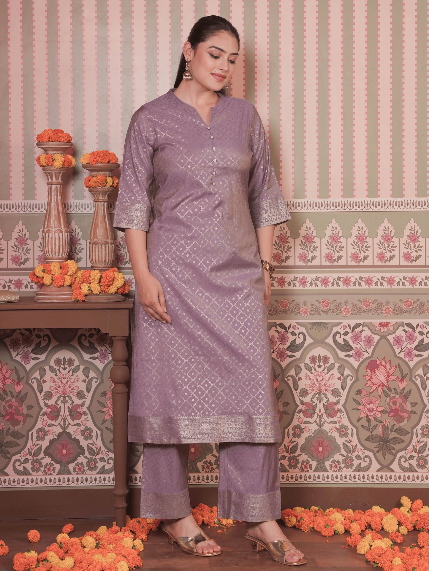 Chanderi Gold foil Straight Lavender Kurta
