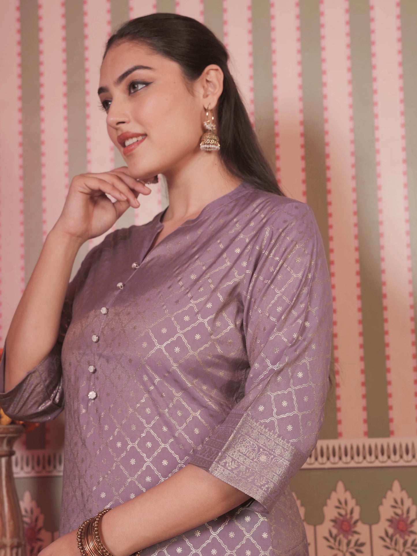 Chanderi Gold foil Straight Lavender Kurta