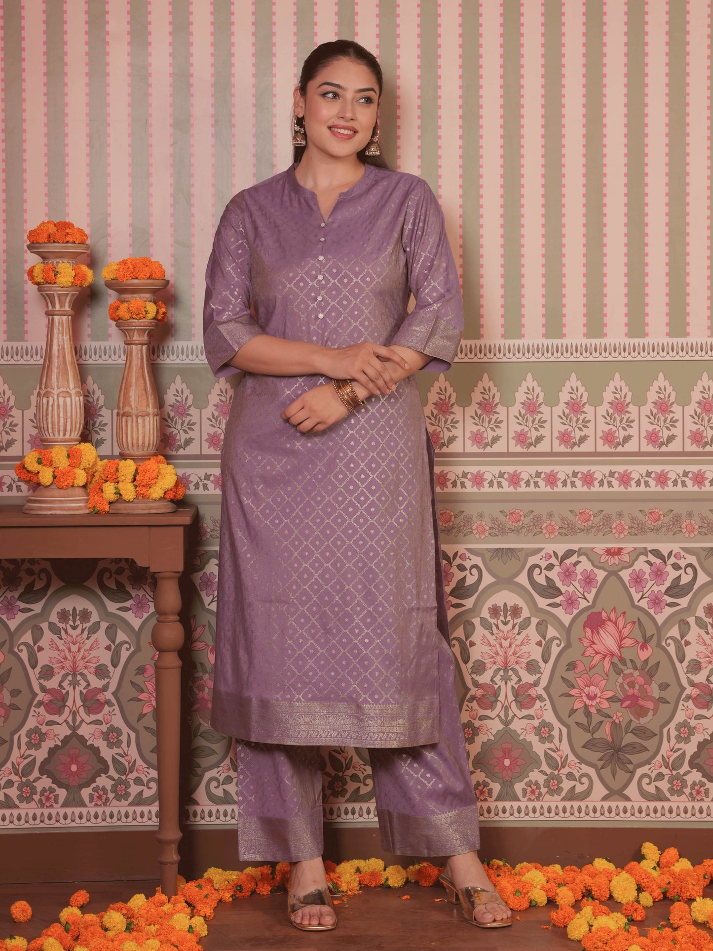 Chanderi Gold foil Straight Lavender Kurta