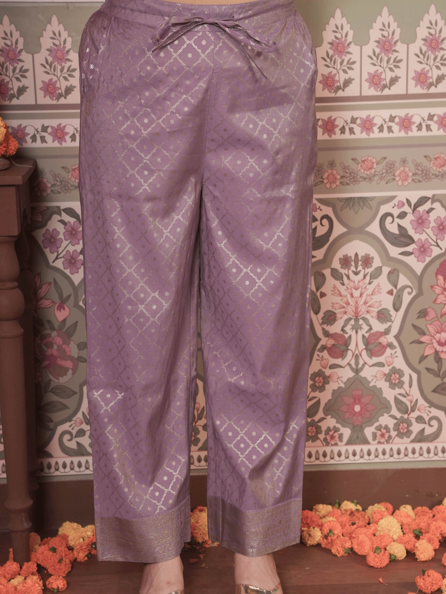 Chanderi Gold foil Straight Lavender Kurta
