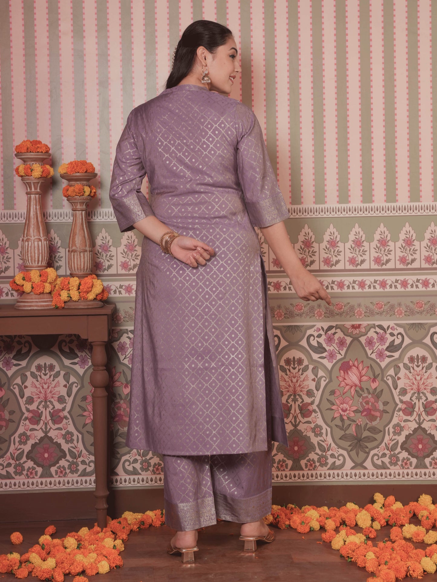 Chanderi Gold foil Straight Lavender Kurta