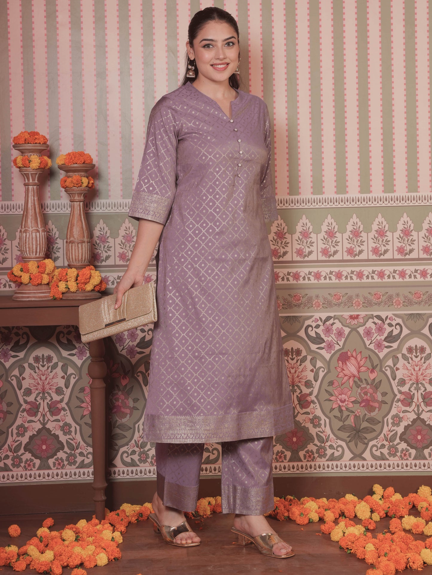 Chanderi Gold foil Straight Lavender Kurta