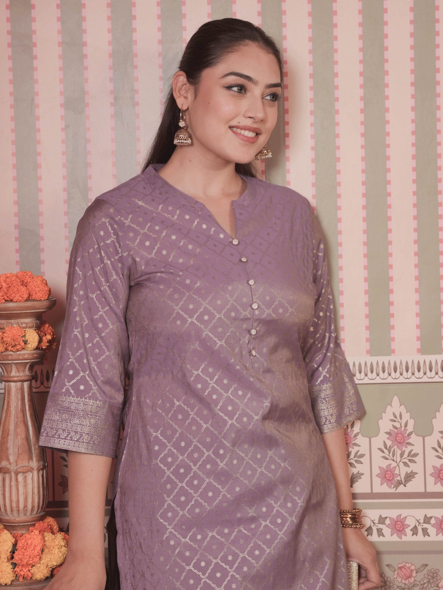 Chanderi Gold foil Straight Lavender Kurta