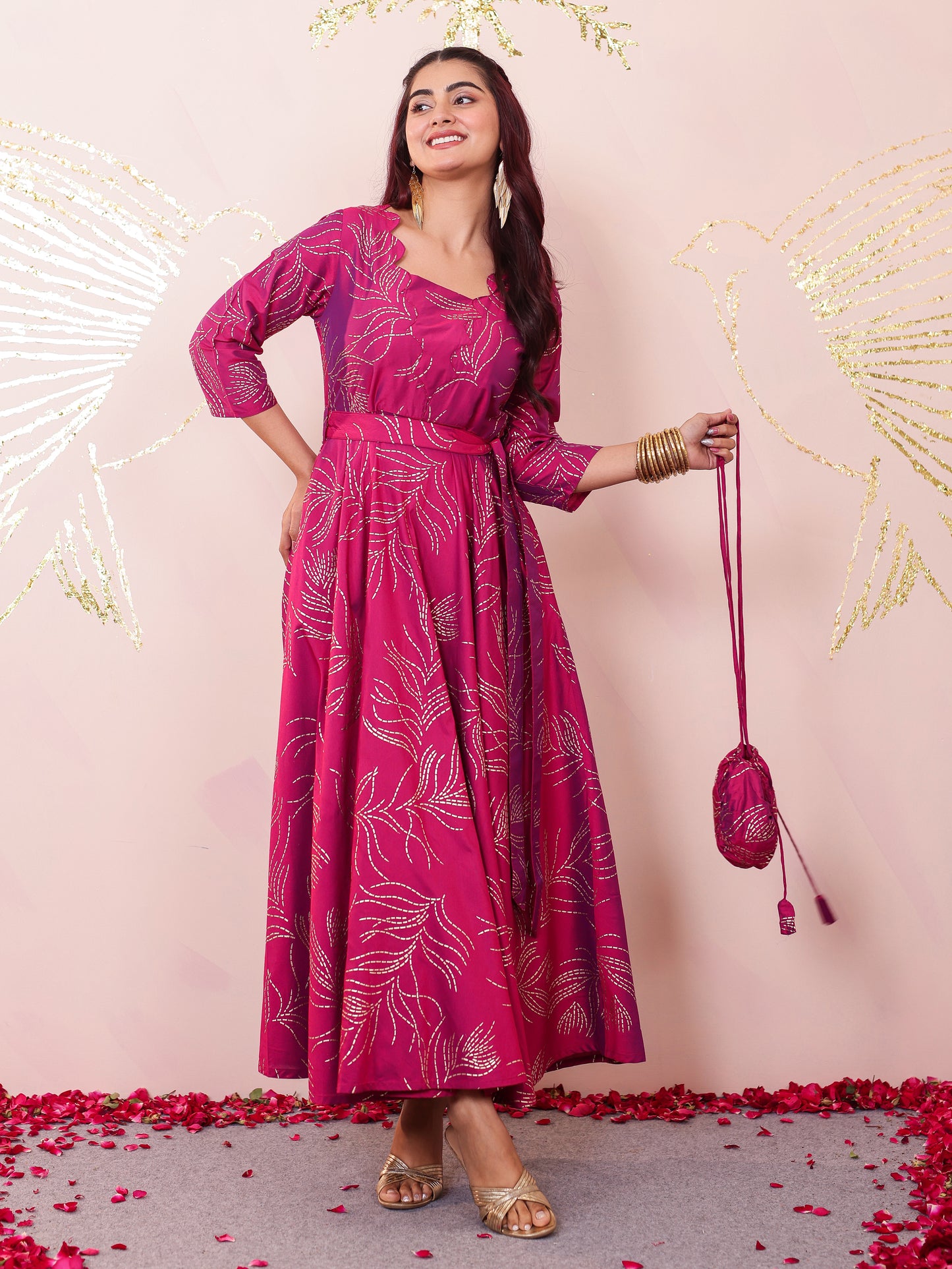 Chanderi Gold foil Anarkali Pink Dress (With Bag)