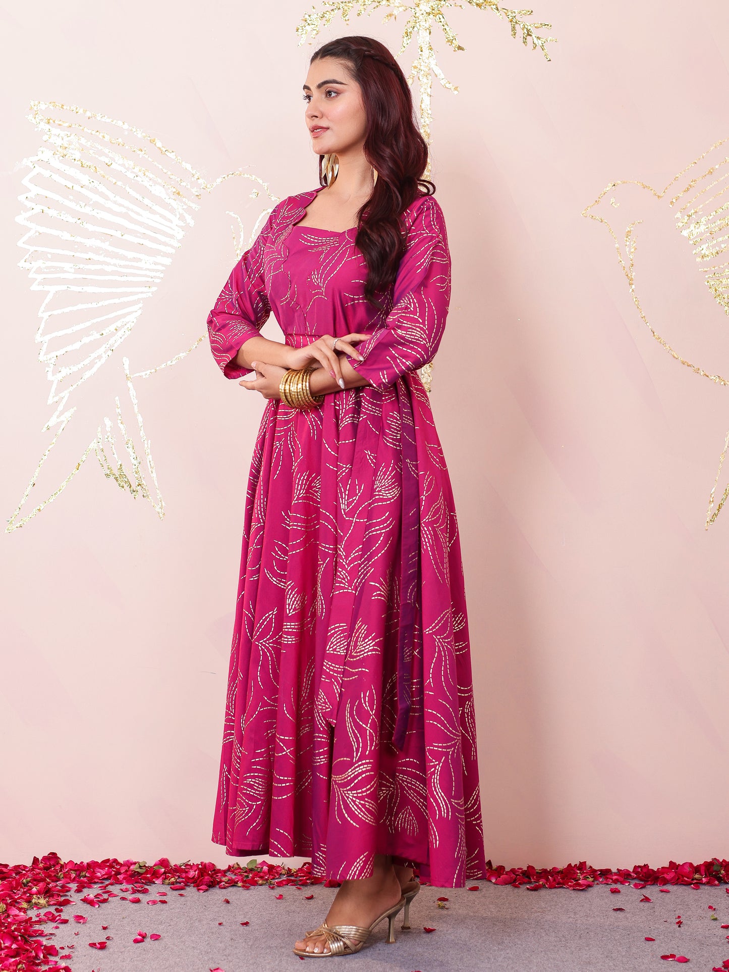 Chanderi Gold foil Anarkali Pink Dress (With Bag)