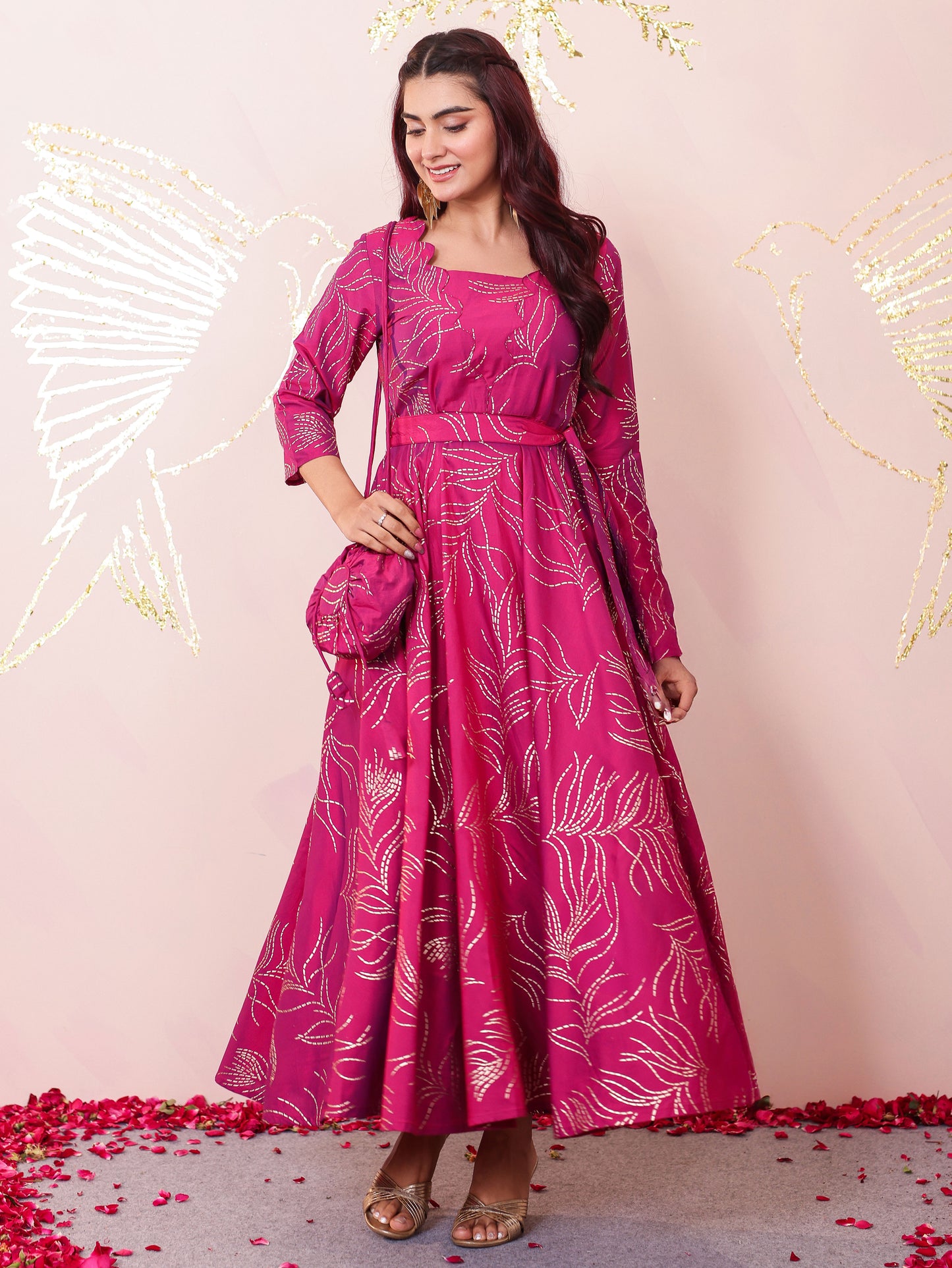 Chanderi Gold foil Anarkali Pink Dress (With Bag)