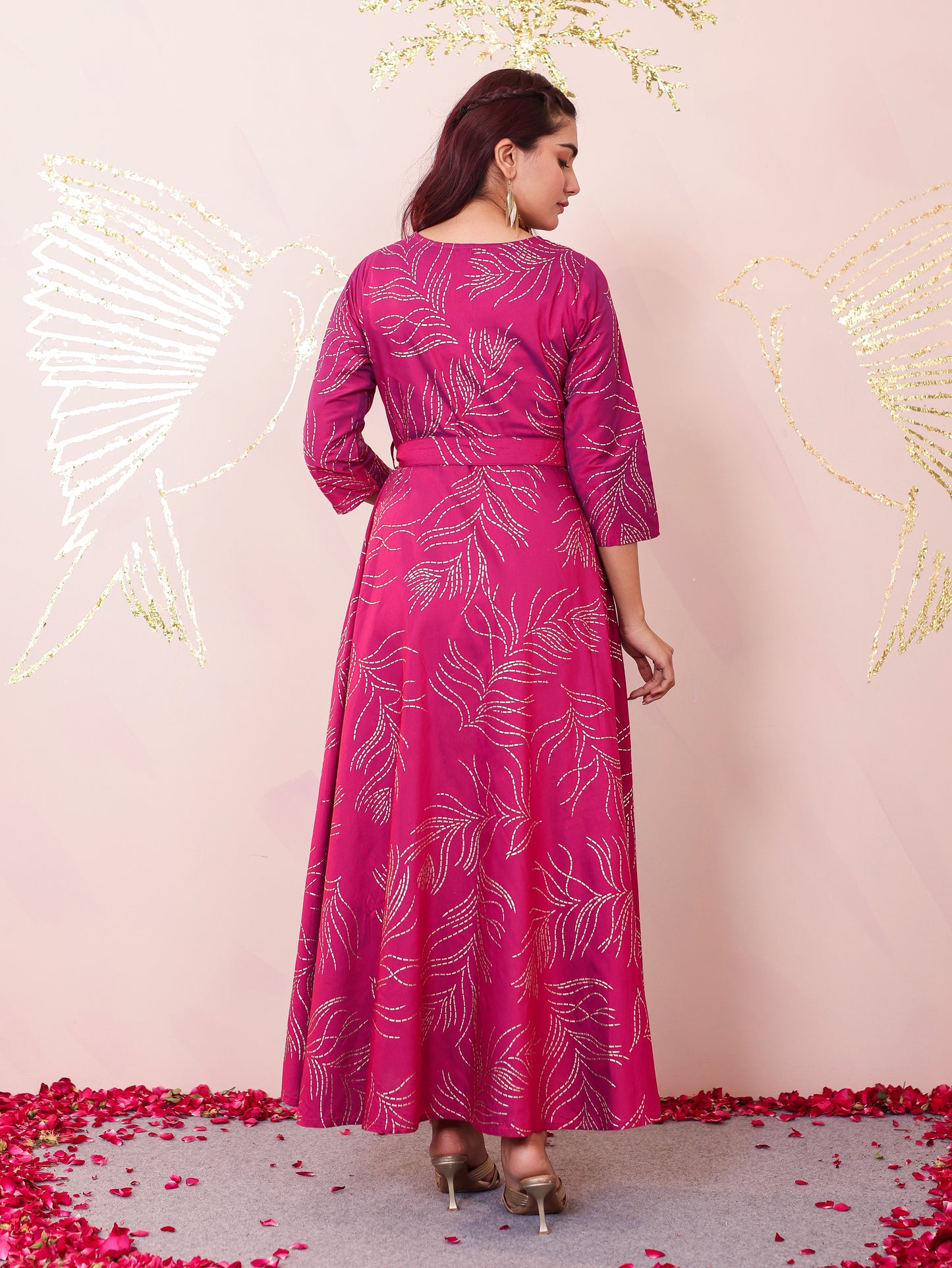 Chanderi Gold foil Anarkali Pink Dress (With Bag)