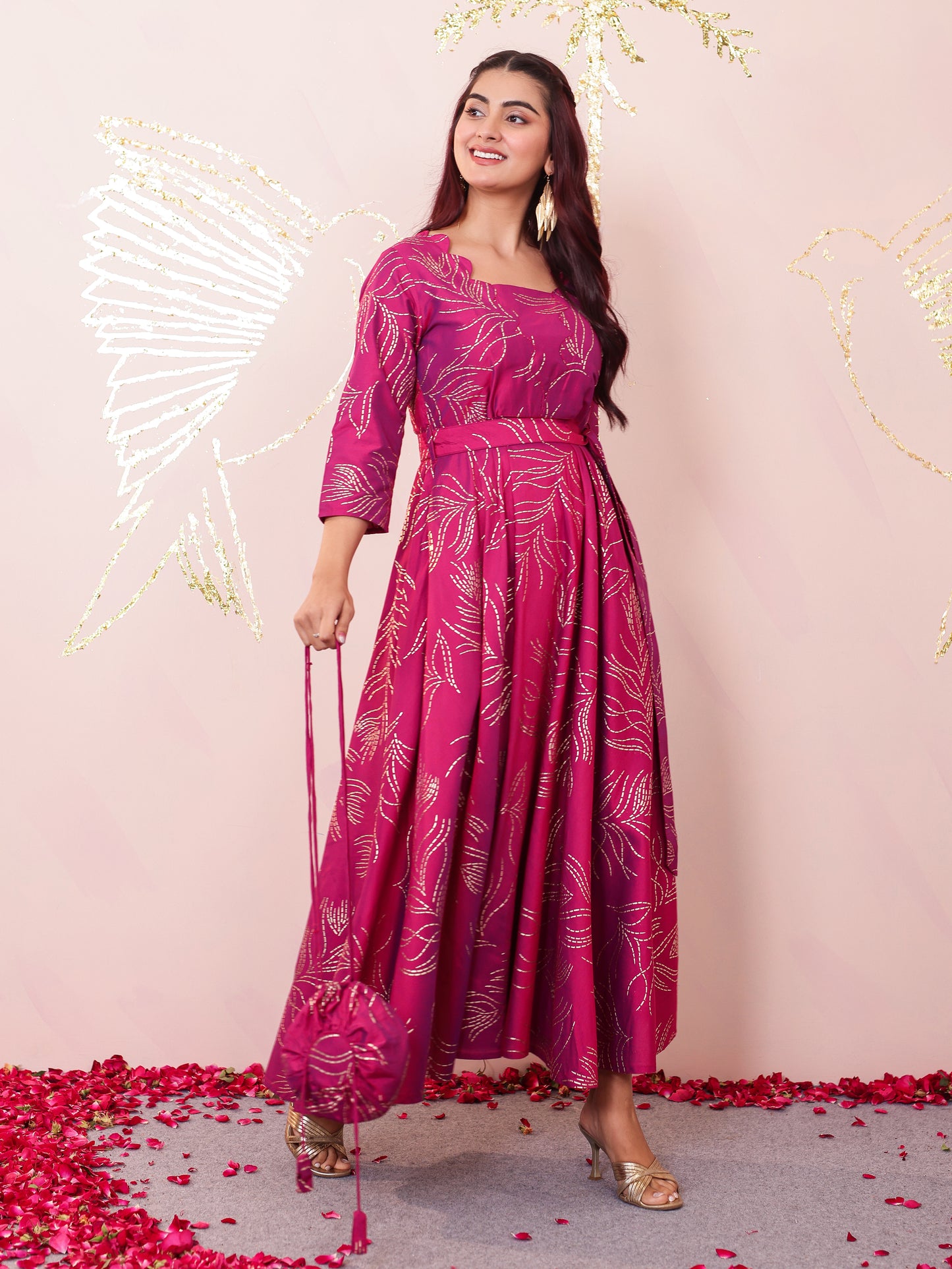 Chanderi Gold foil Anarkali Pink Dress (With Bag)
