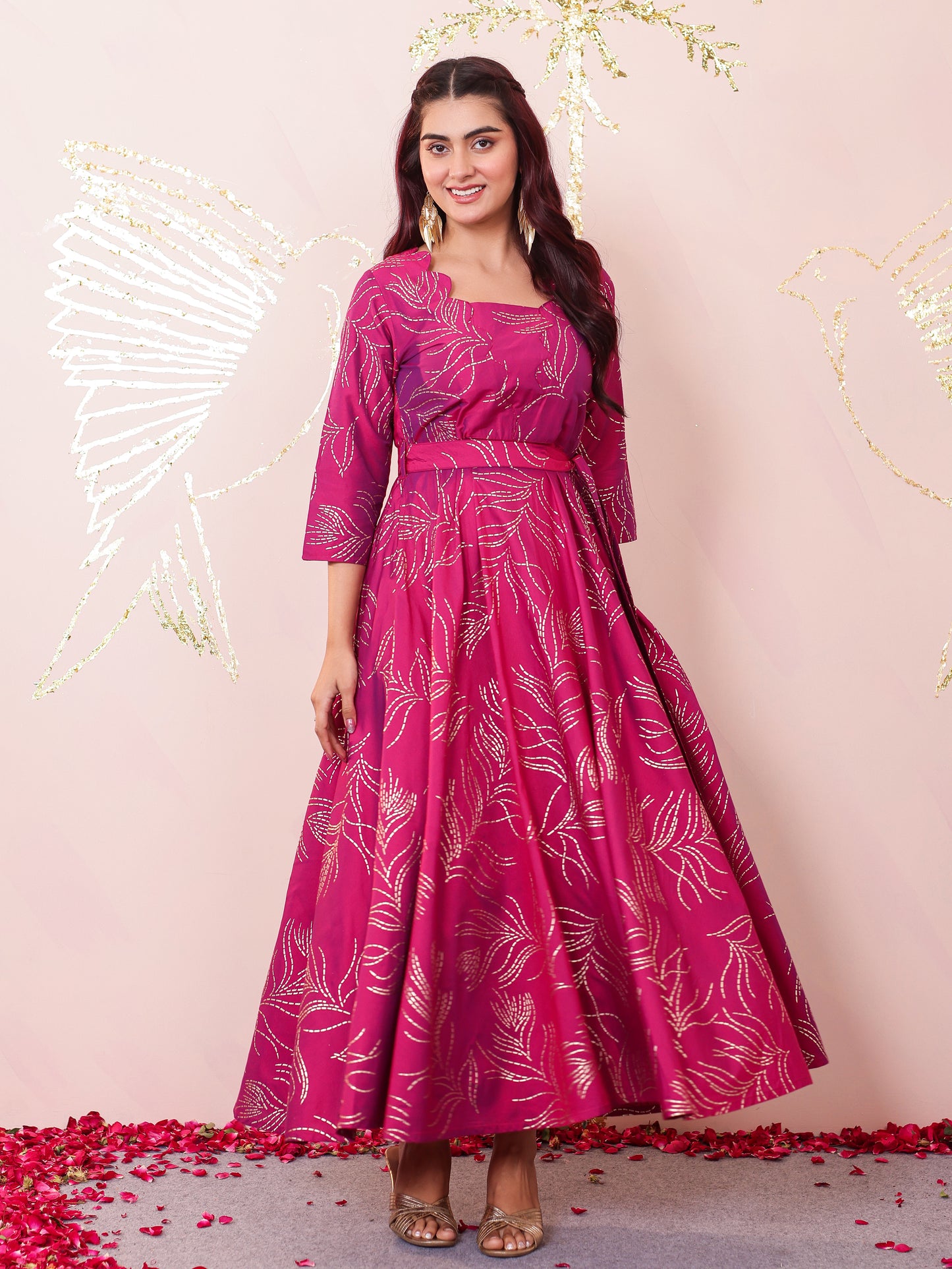 Chanderi Gold foil Anarkali Pink Dress (With Bag)