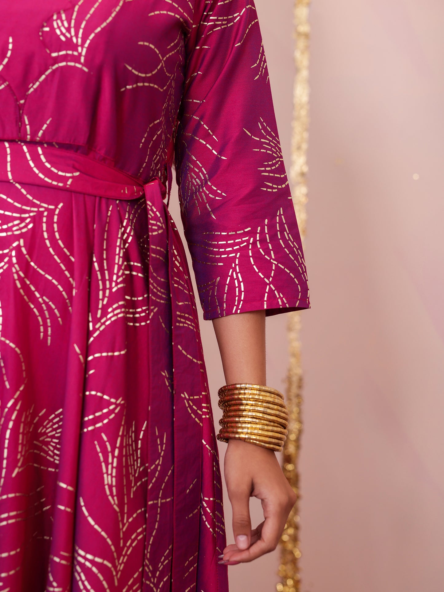 Chanderi Gold foil Anarkali Pink Dress (With Bag)