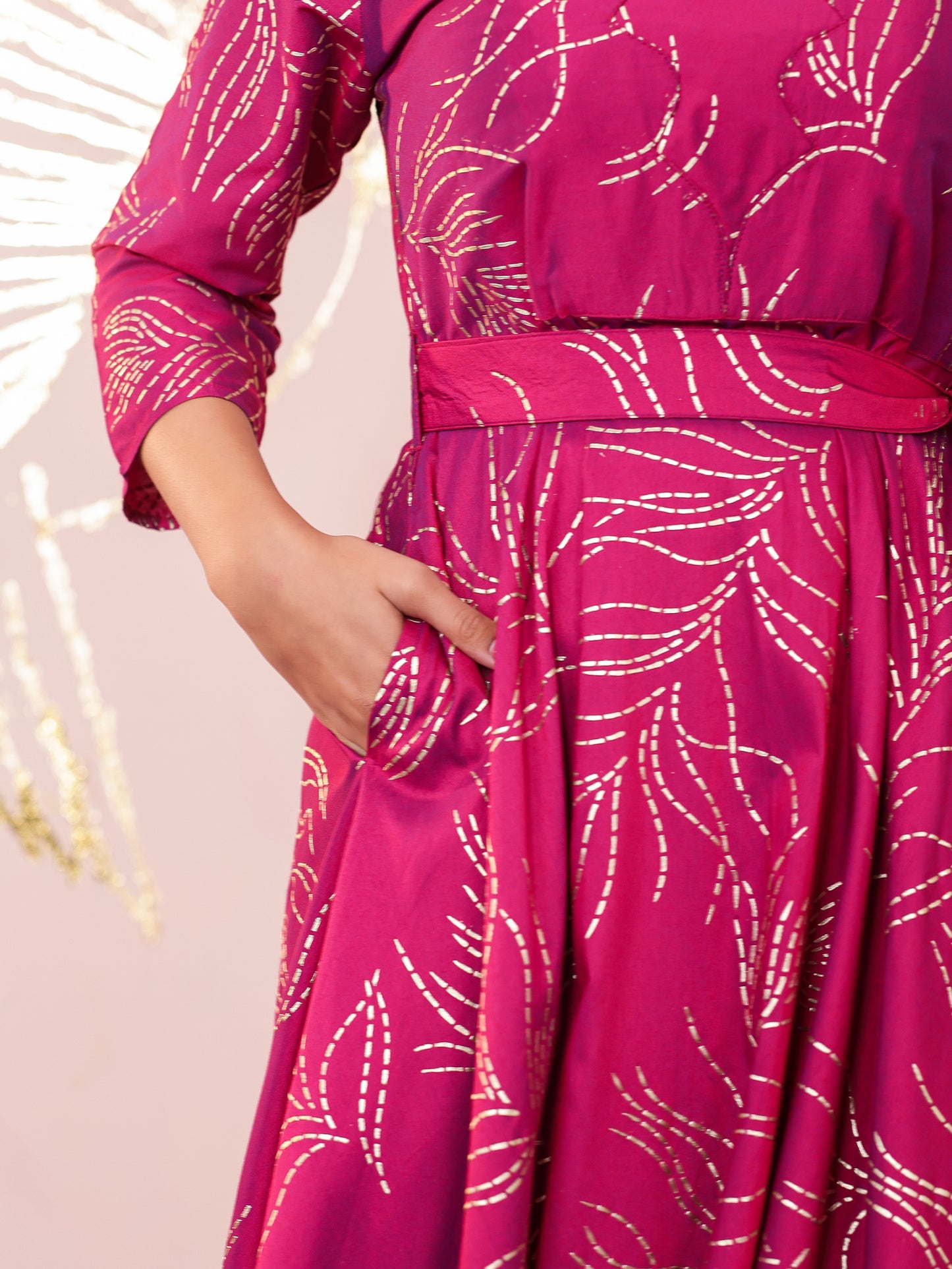Chanderi Gold foil Anarkali Pink Dress (With Bag)