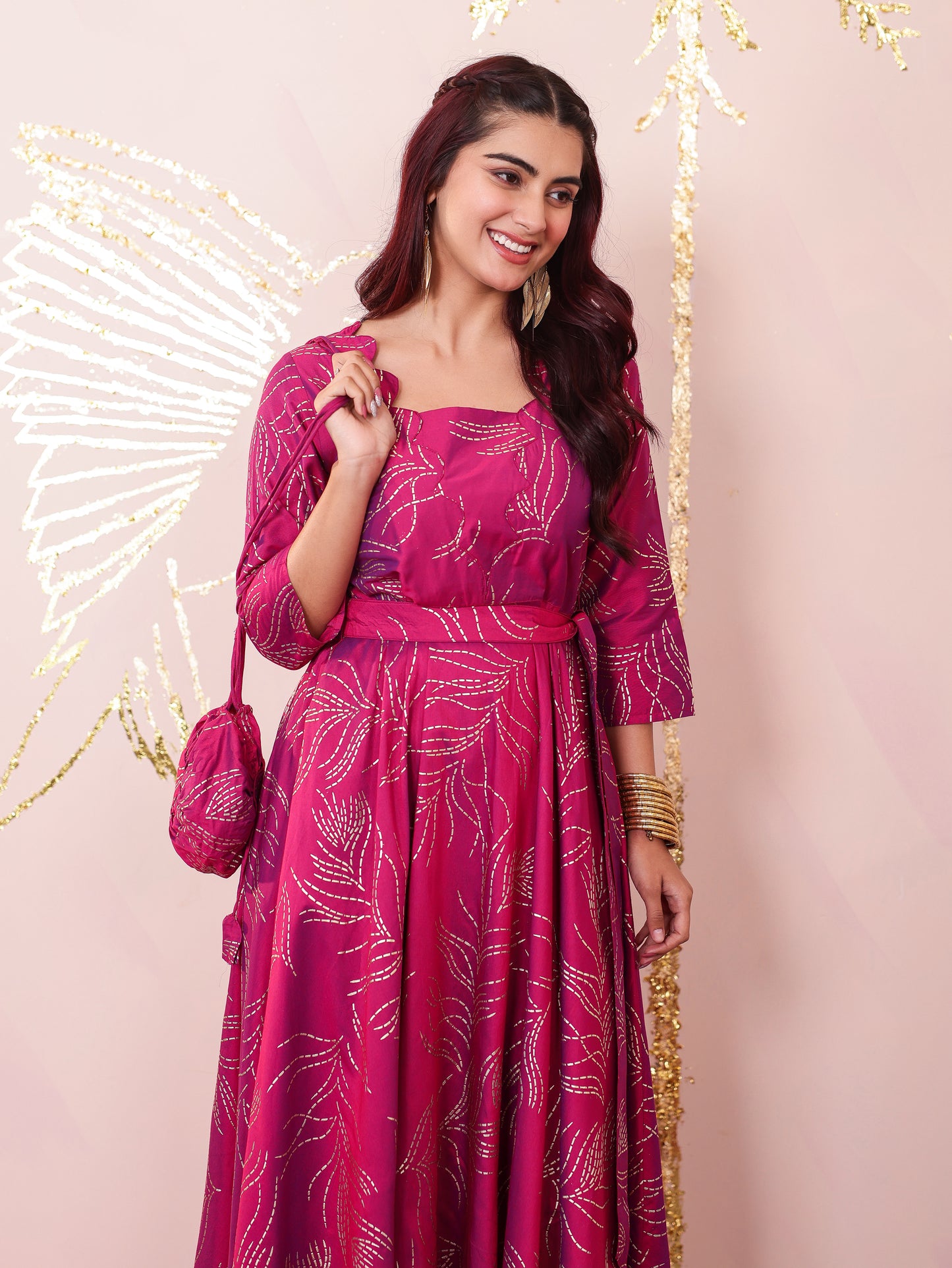 Chanderi Gold foil Anarkali Pink Dress (With Bag)