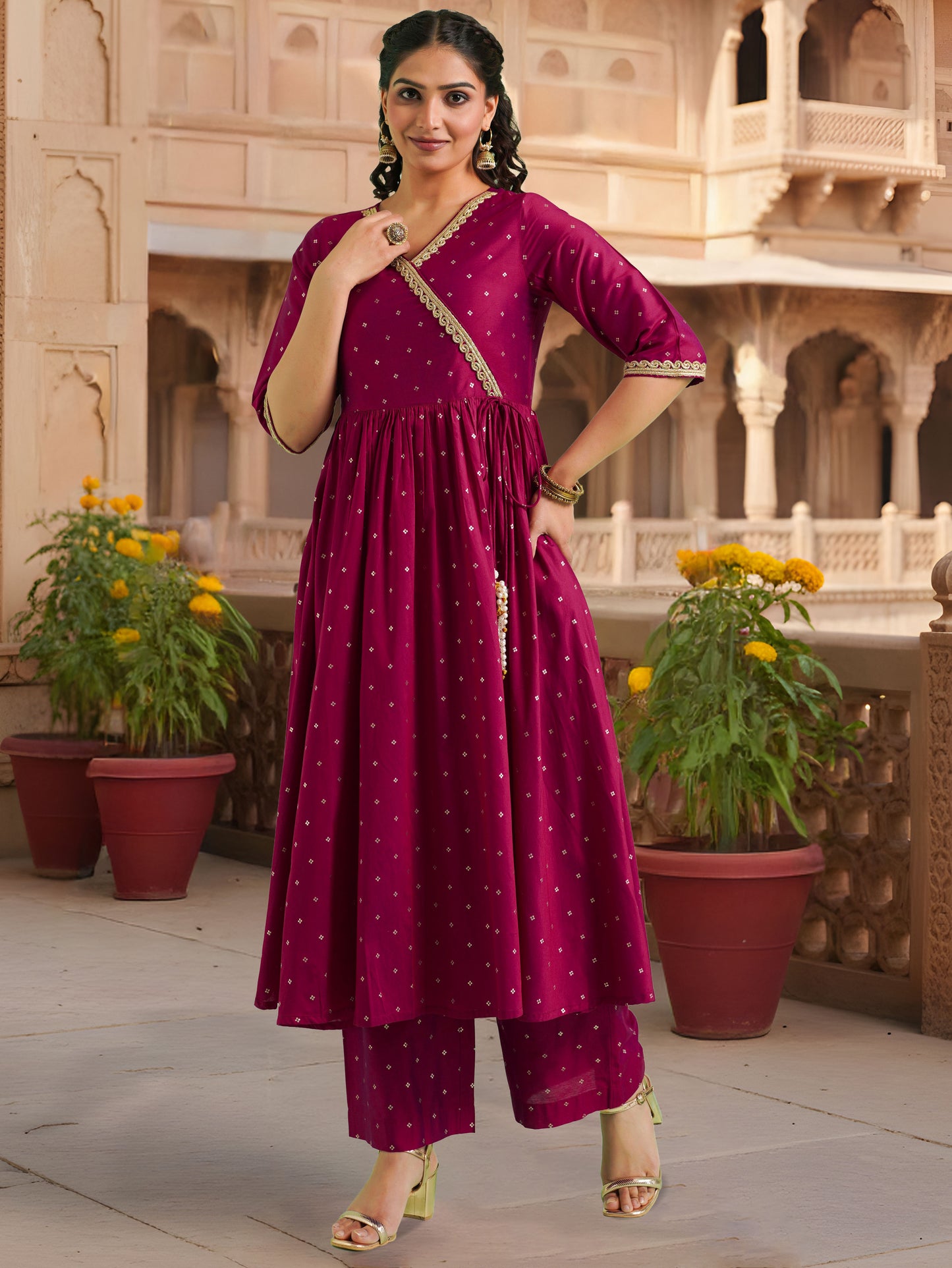 Chanderi Gold foil Angrakha Pink Kurta