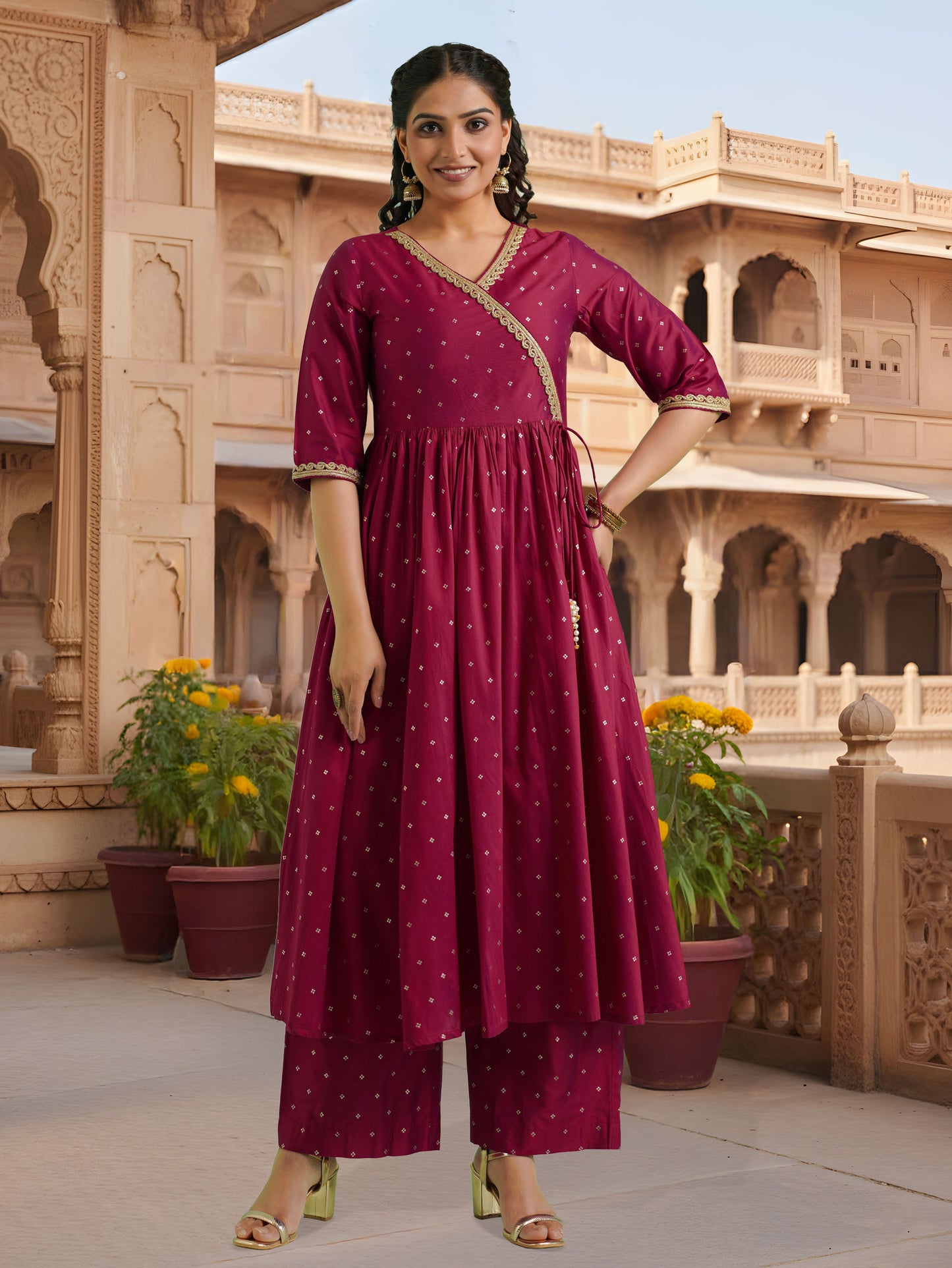 Chanderi Gold foil Angrakha Pink Kurta