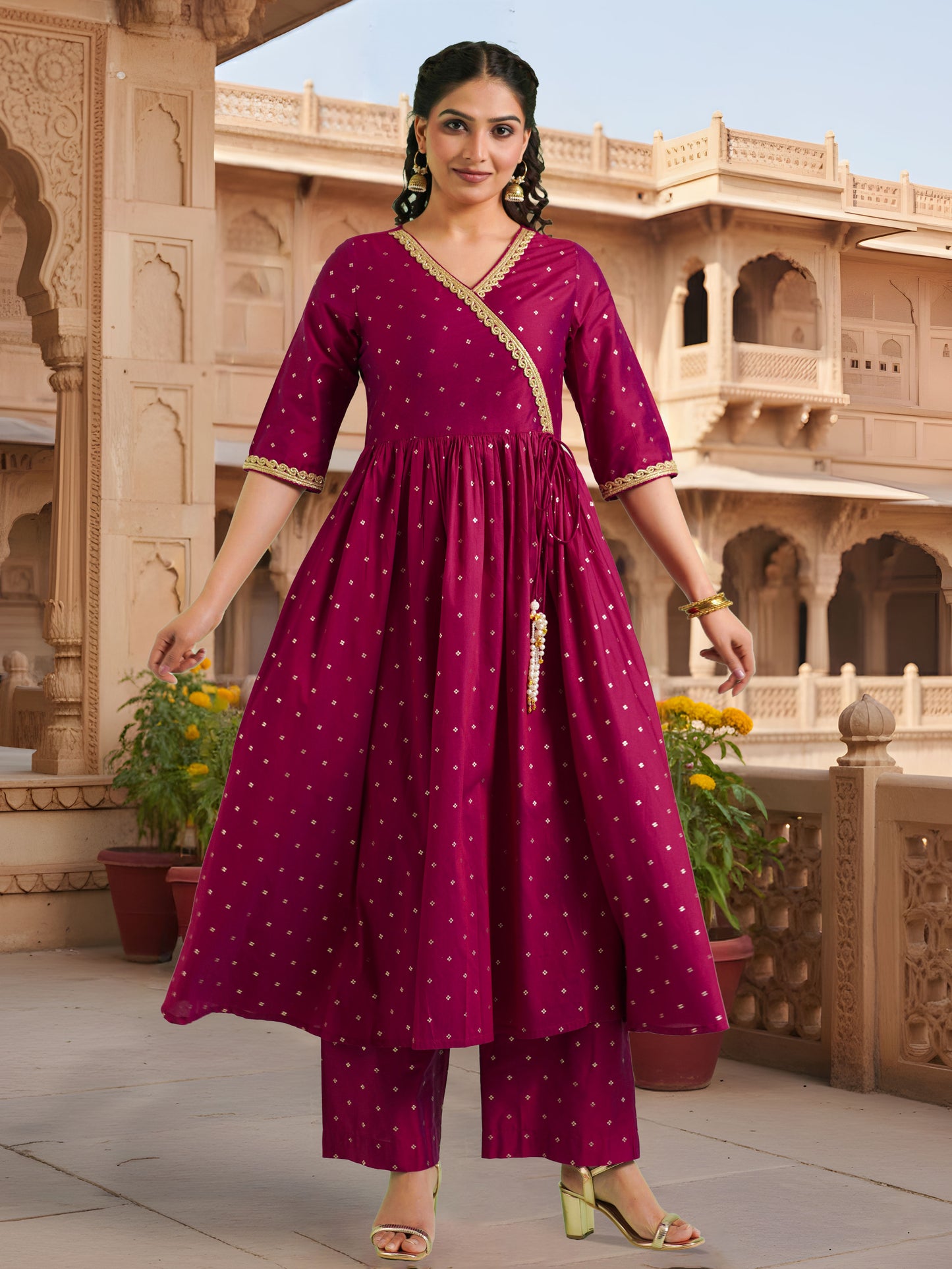 Chanderi Gold foil Angrakha Pink Kurta