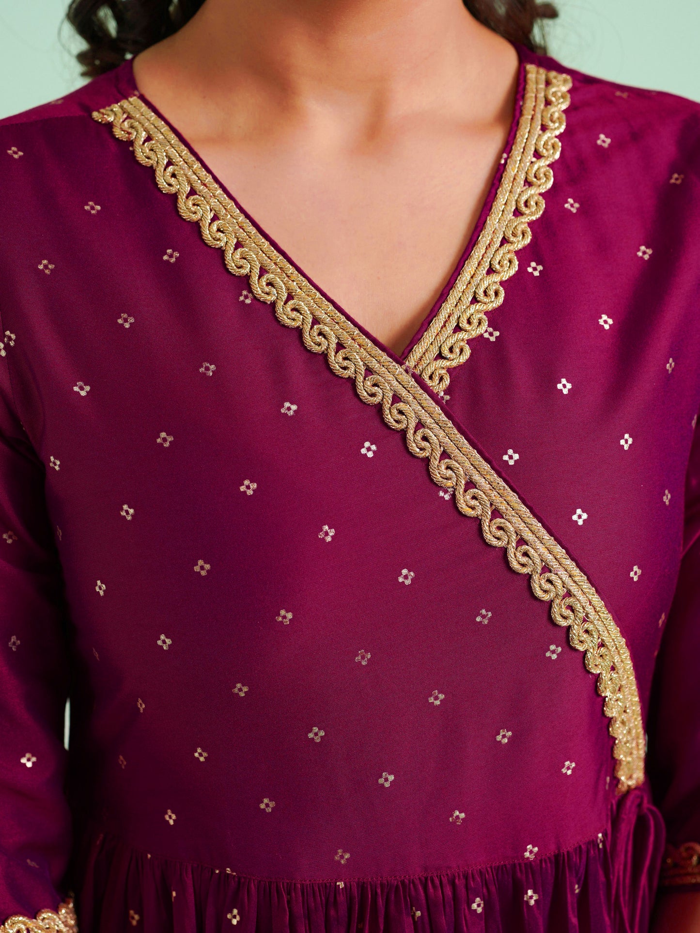 Chanderi Gold foil Angrakha Pink Kurta