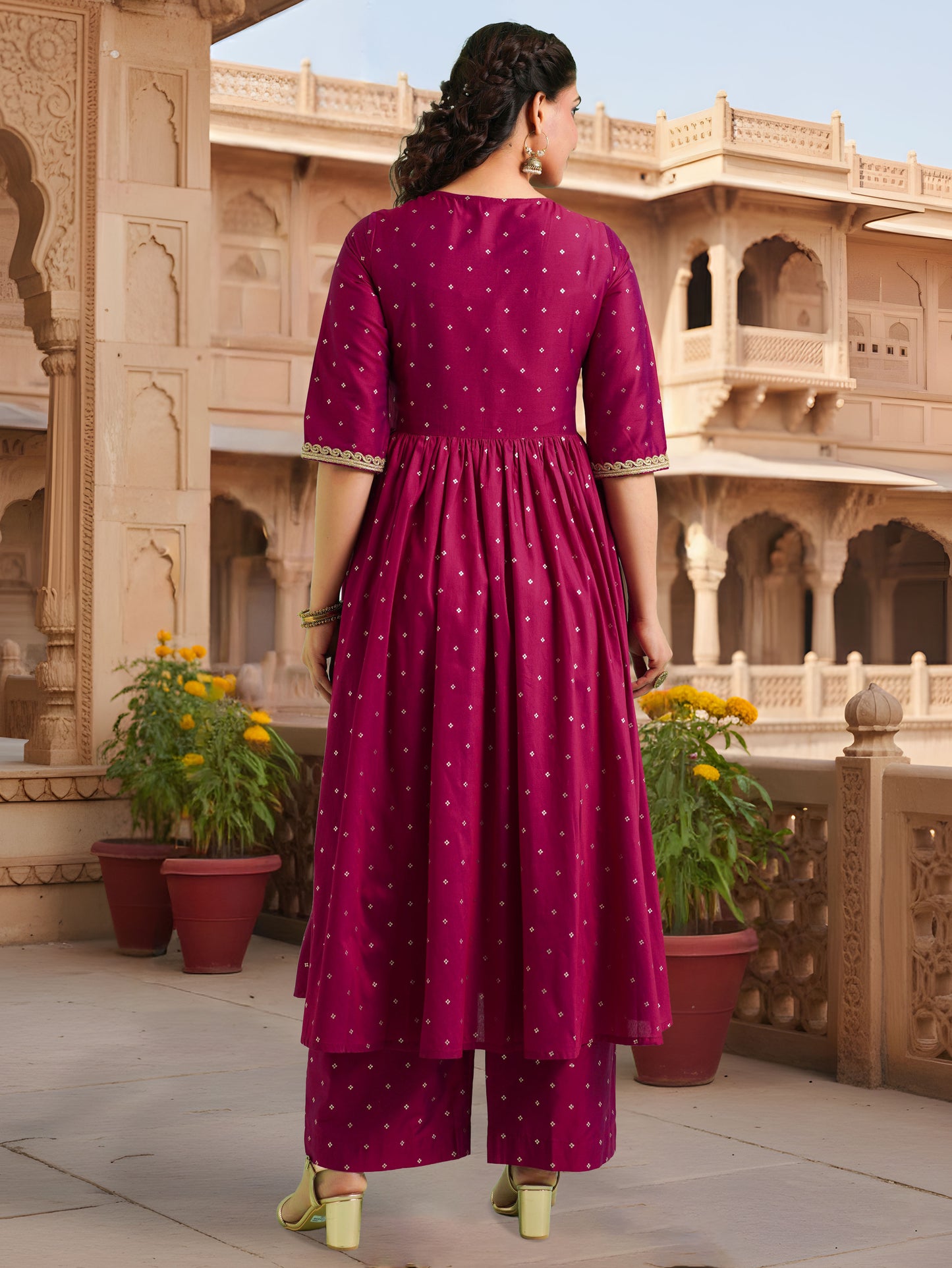Chanderi Gold foil Angrakha Pink Kurta