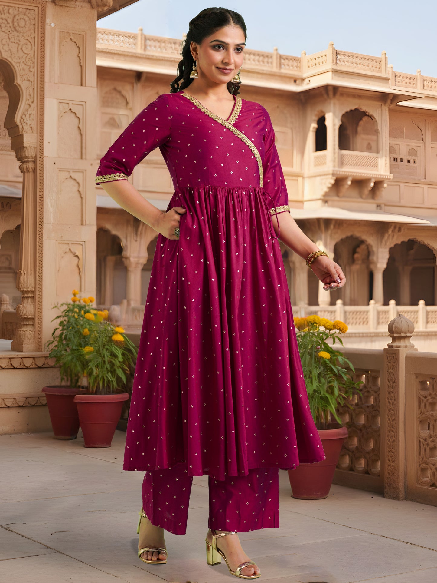 Chanderi Gold foil Angrakha Pink Kurta