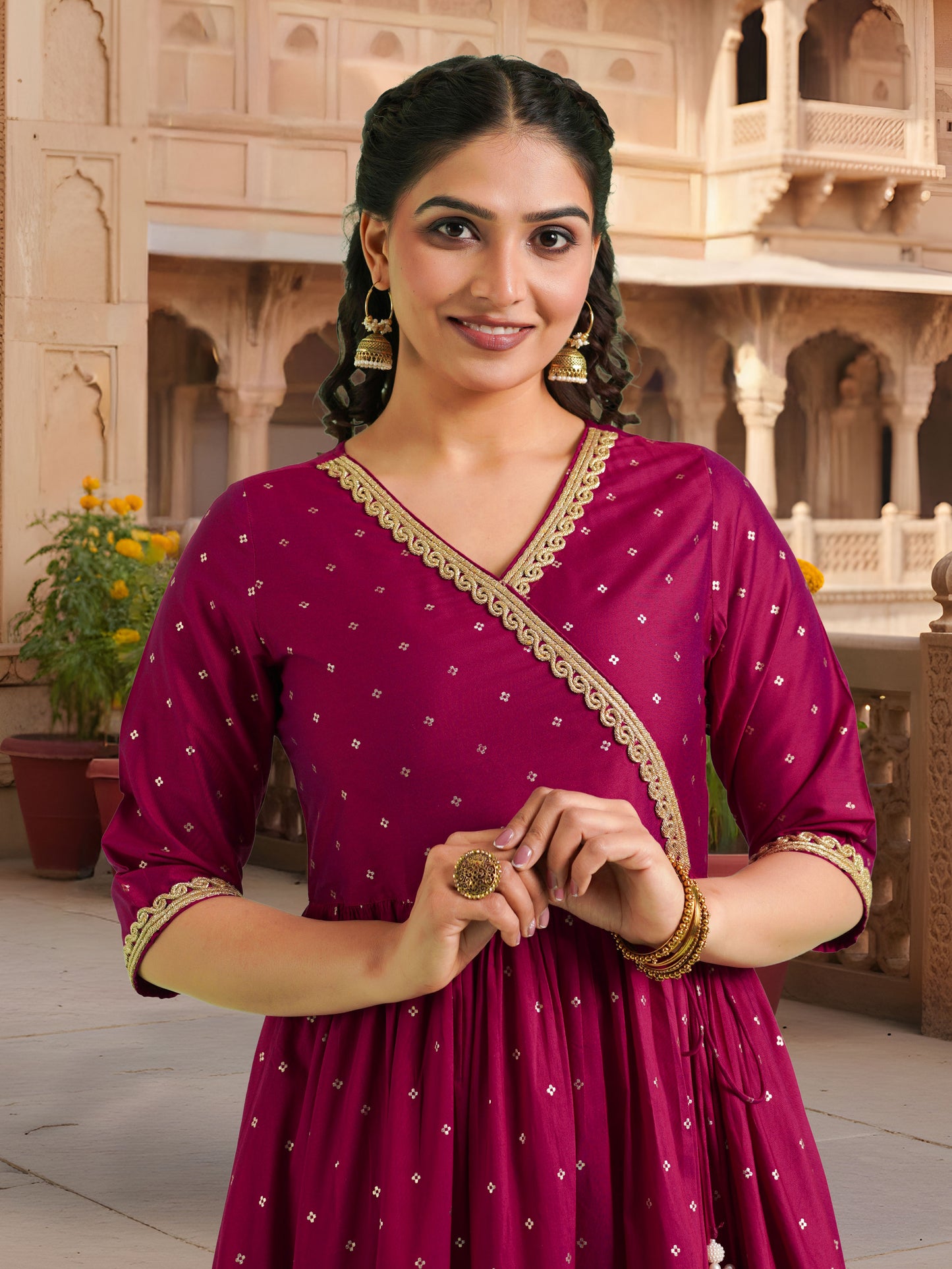 Chanderi Gold foil Angrakha Pink Kurta