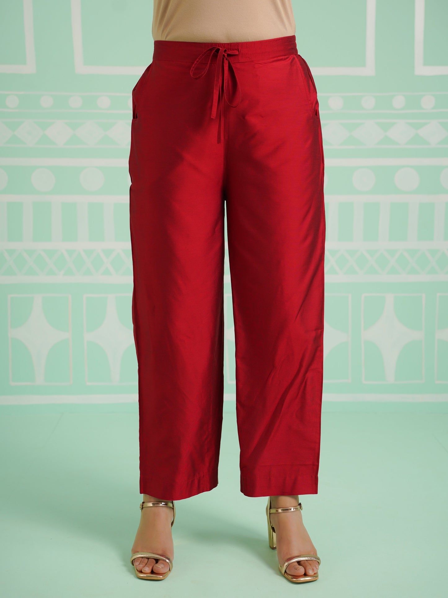 Blended Silk Solid Red Straight Trousers