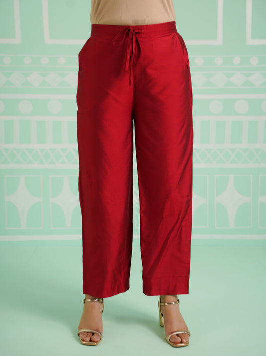 Blended Silk Solid Red Straight Trousers