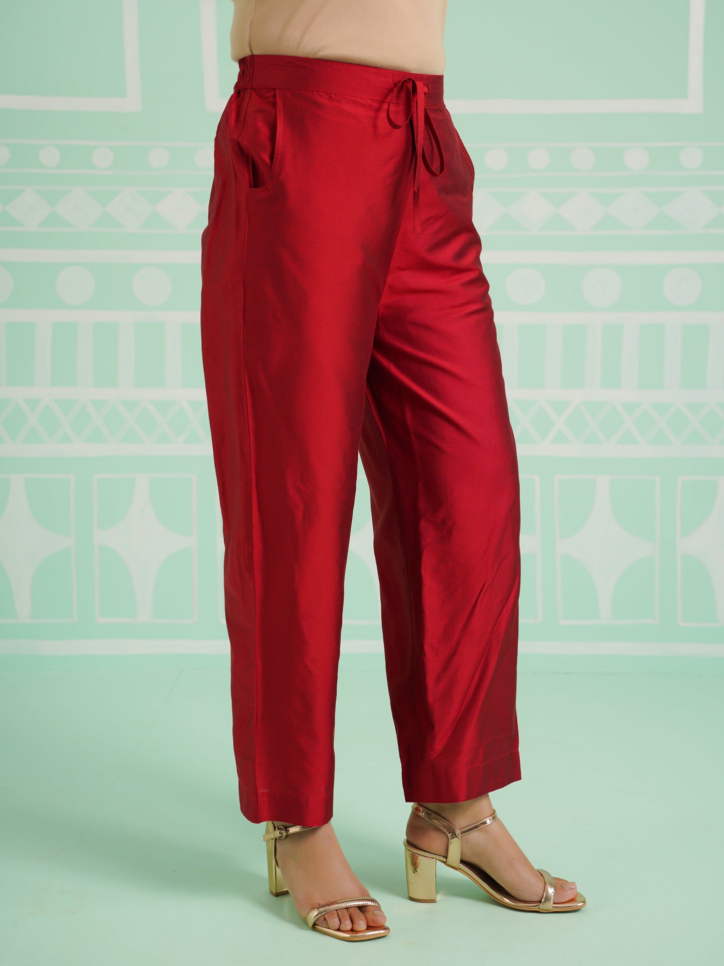 Blended Silk Solid Red Straight Trousers