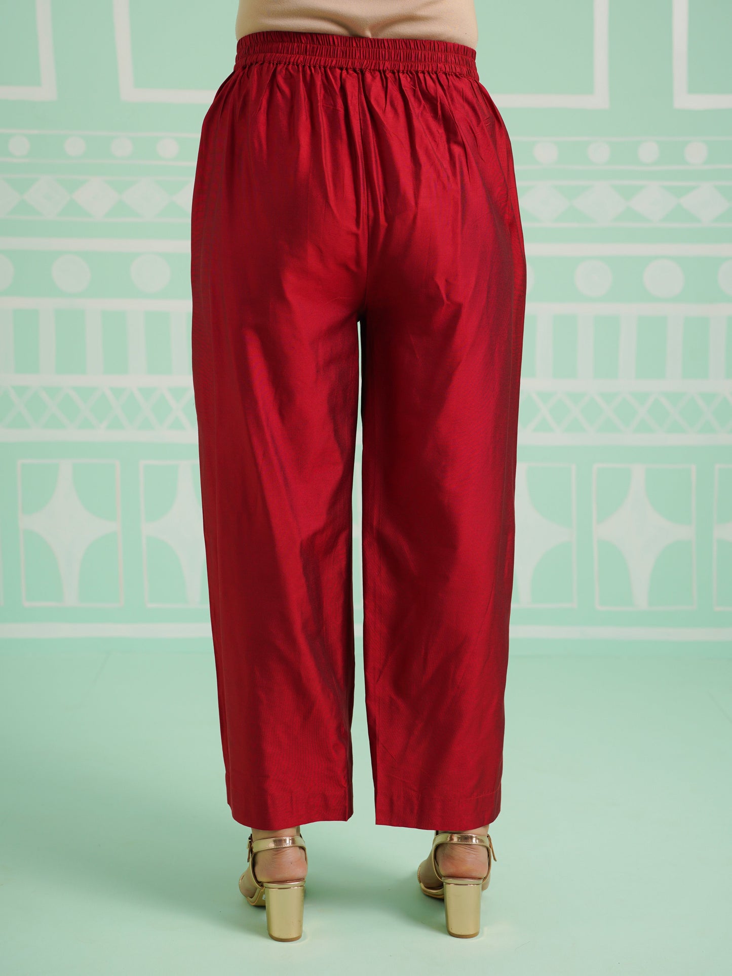 Blended Silk Solid Red Straight Trousers