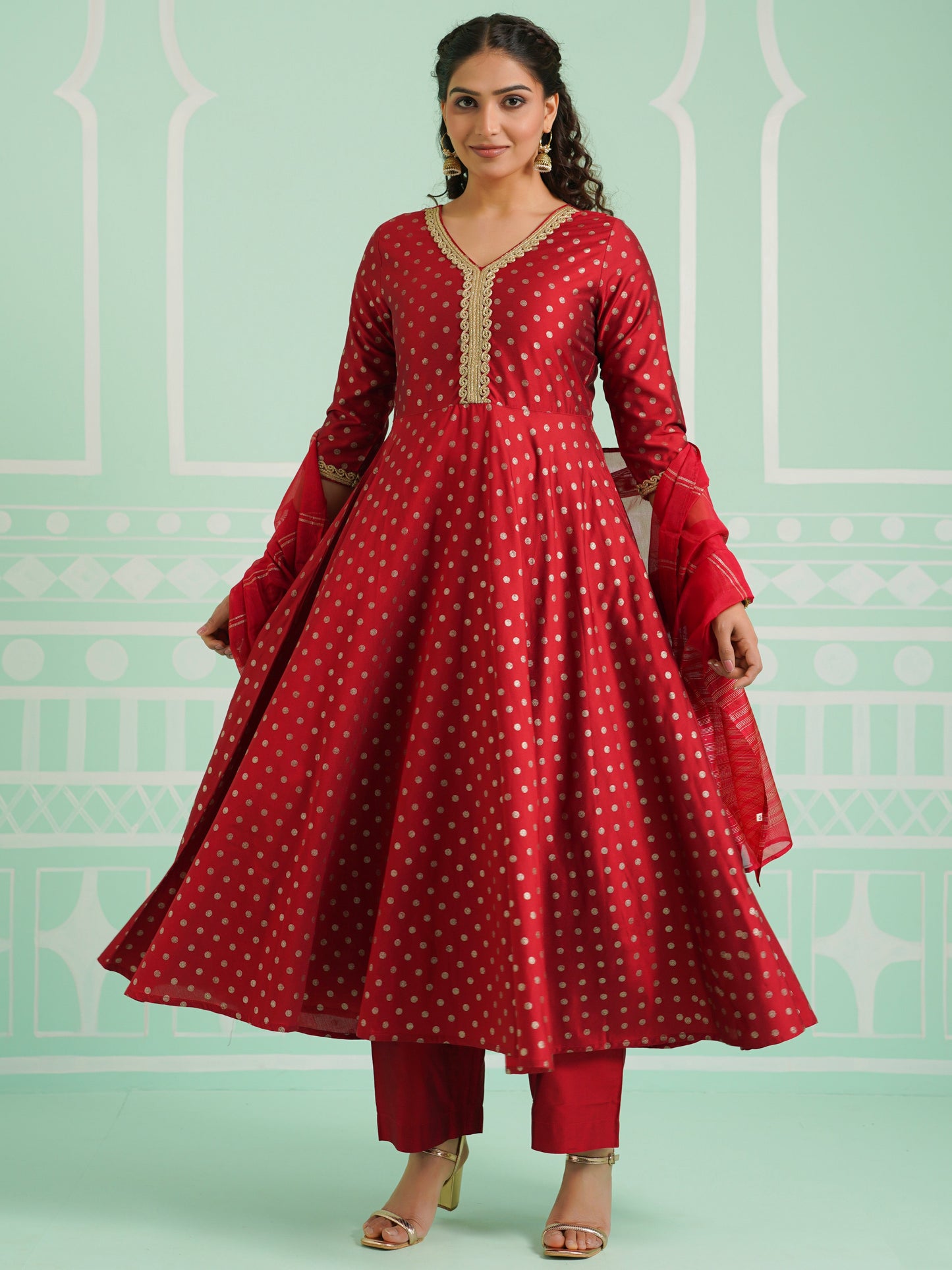Poly Chanderi Gold foil Anarkali Red Kurta