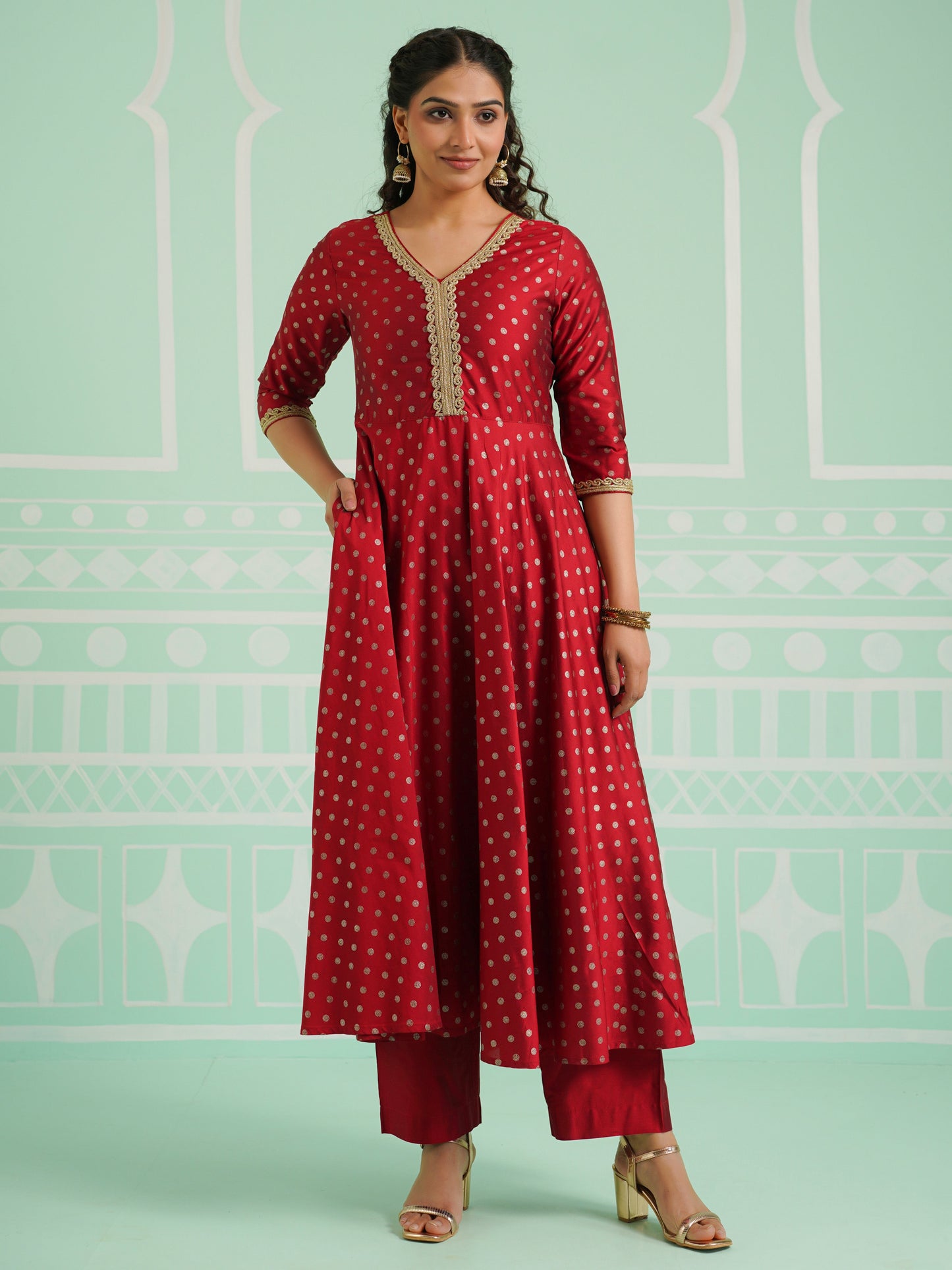 Poly Chanderi Gold foil Anarkali Red Kurta