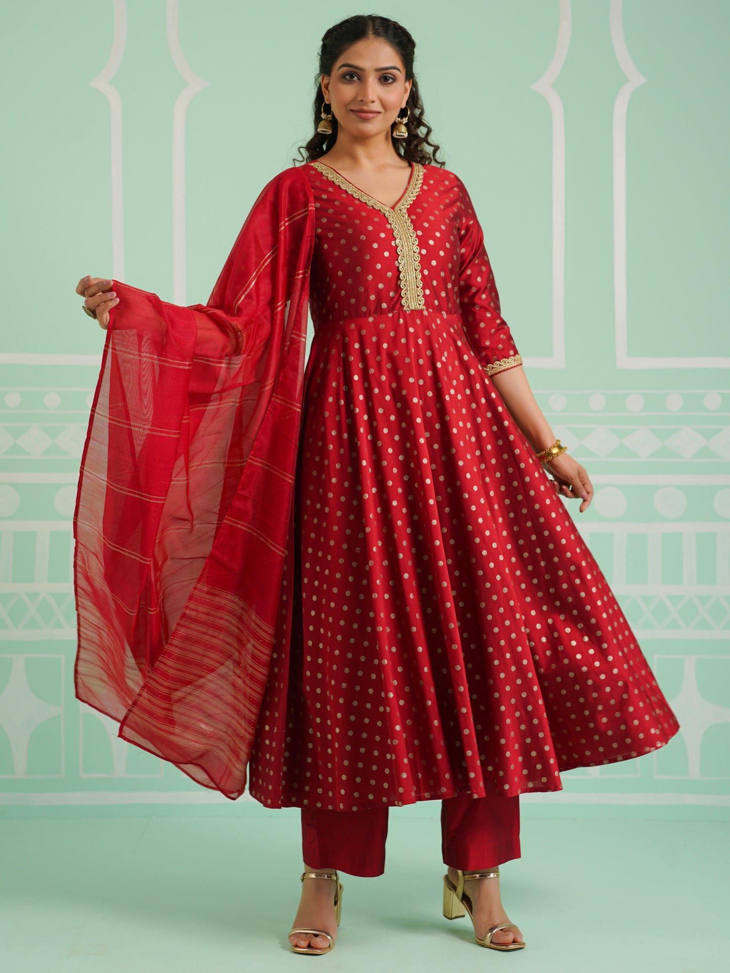 Poly Chanderi Gold foil Anarkali Red Kurta