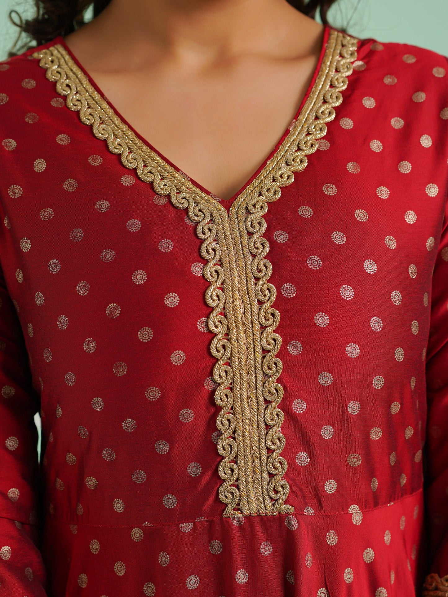 Poly Chanderi Gold foil Anarkali Red Kurta