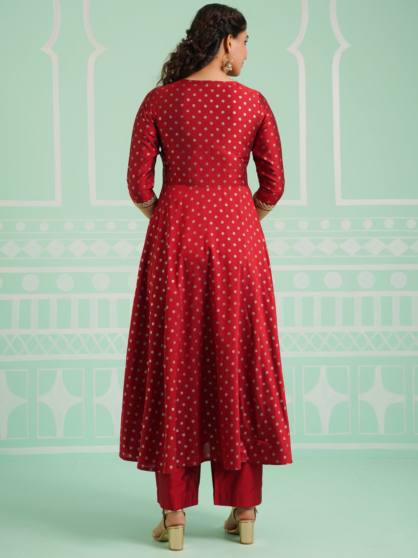 Poly Chanderi Gold foil Anarkali Red Kurta