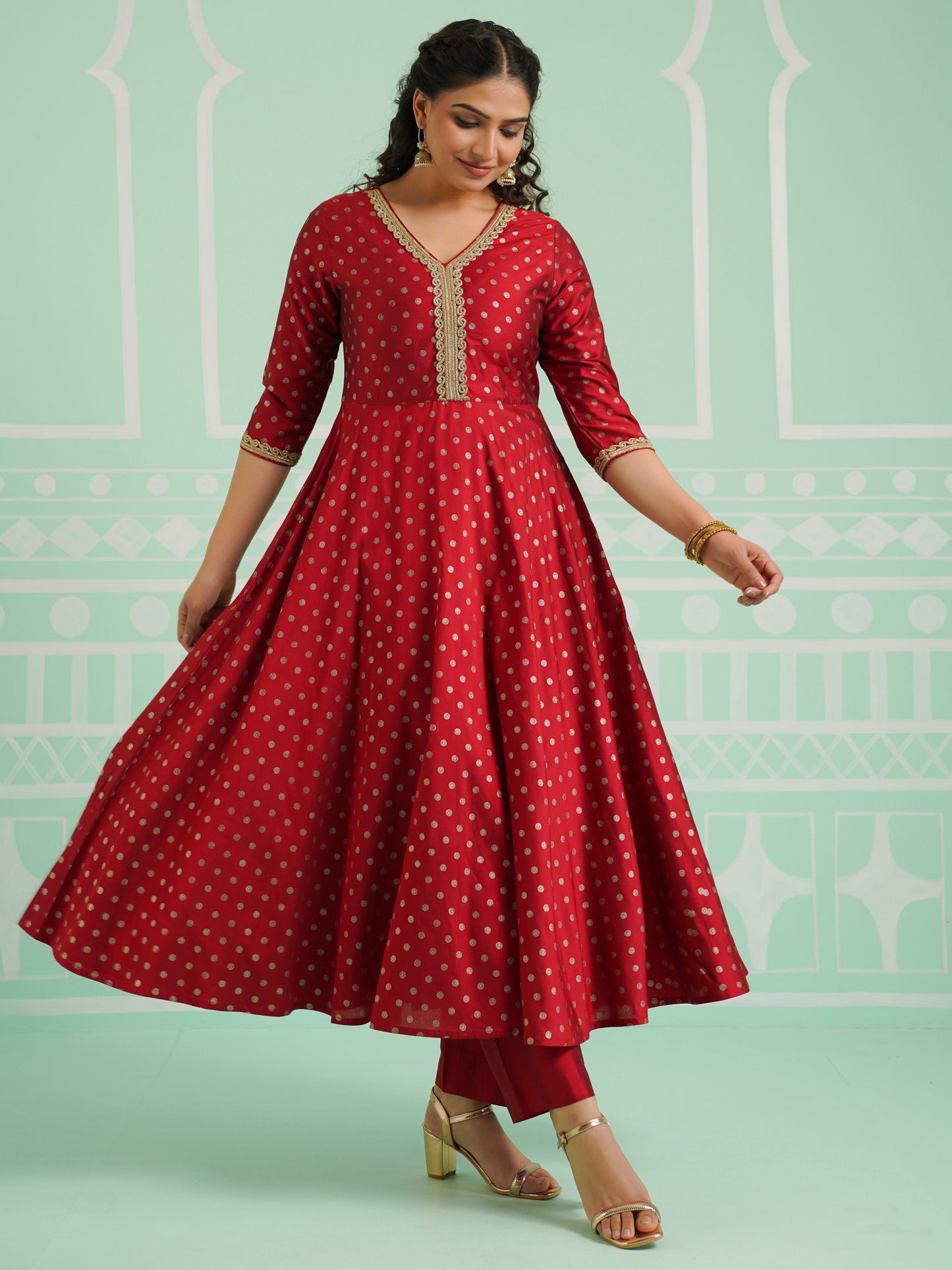 Poly Chanderi Gold foil Anarkali Red Kurta