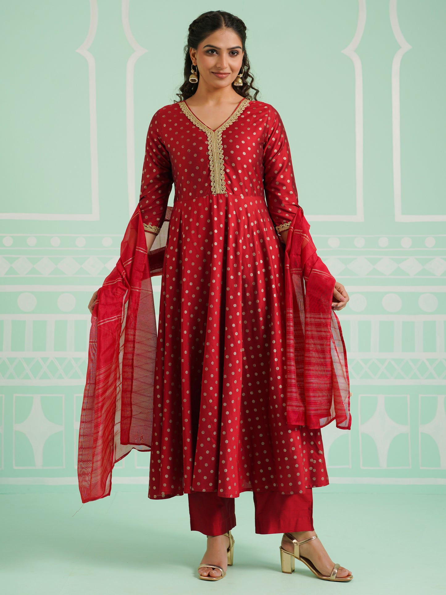 Poly Chanderi Gold foil Anarkali Red Kurta