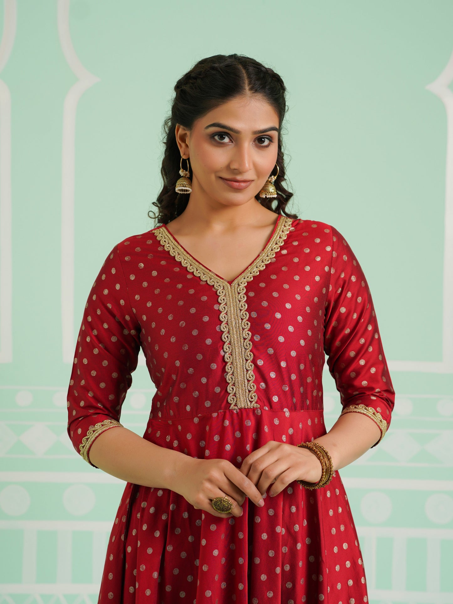 Poly Chanderi Gold foil Anarkali Red Kurta