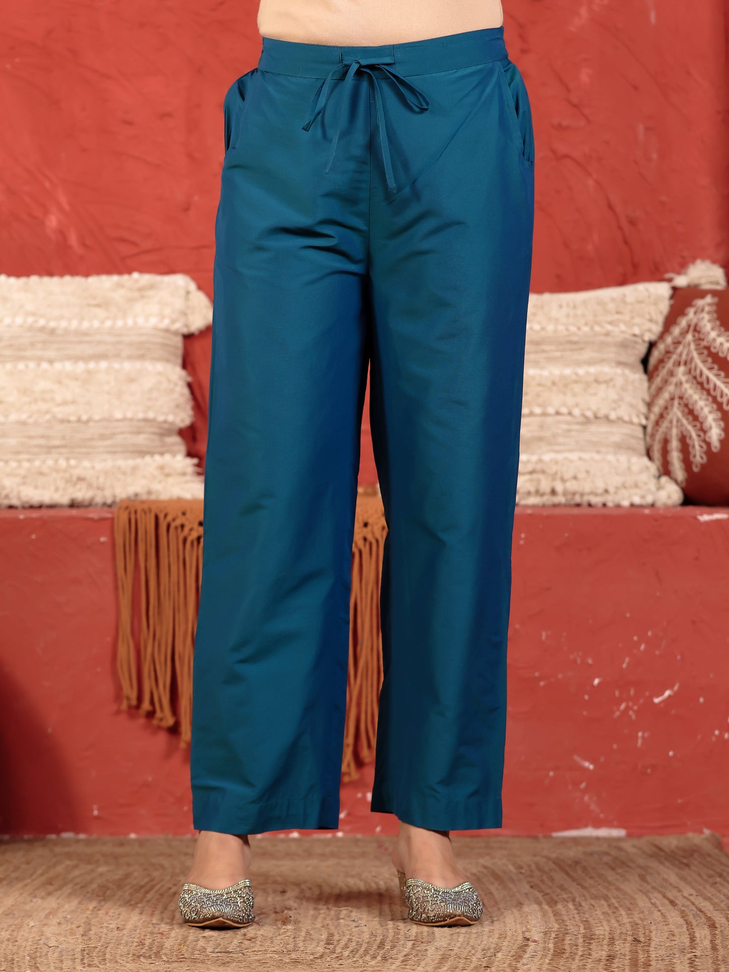 Chanderi Solid Teal Straight Trousers