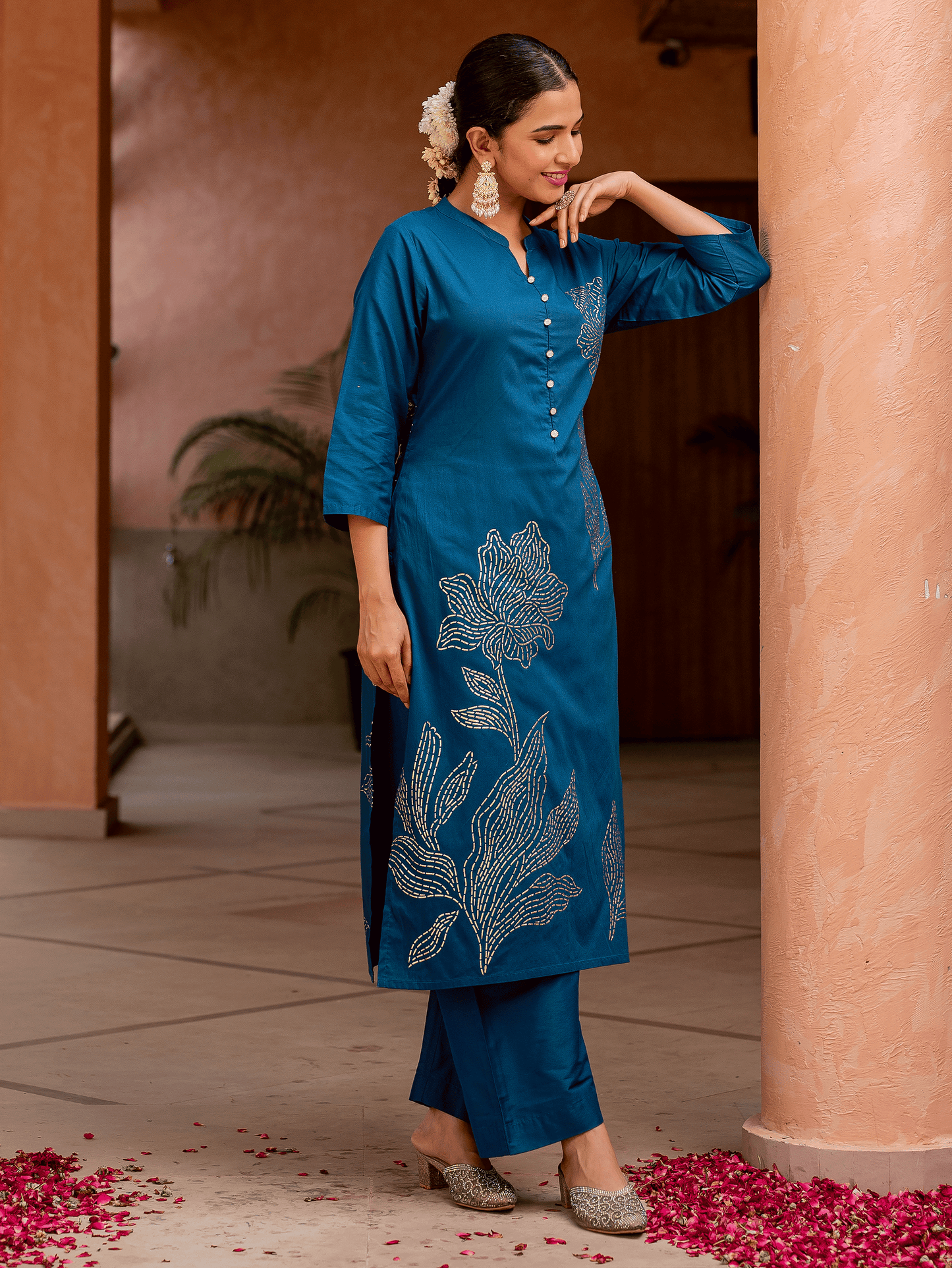 Chanderi Placement Print Straight Teal Kurta