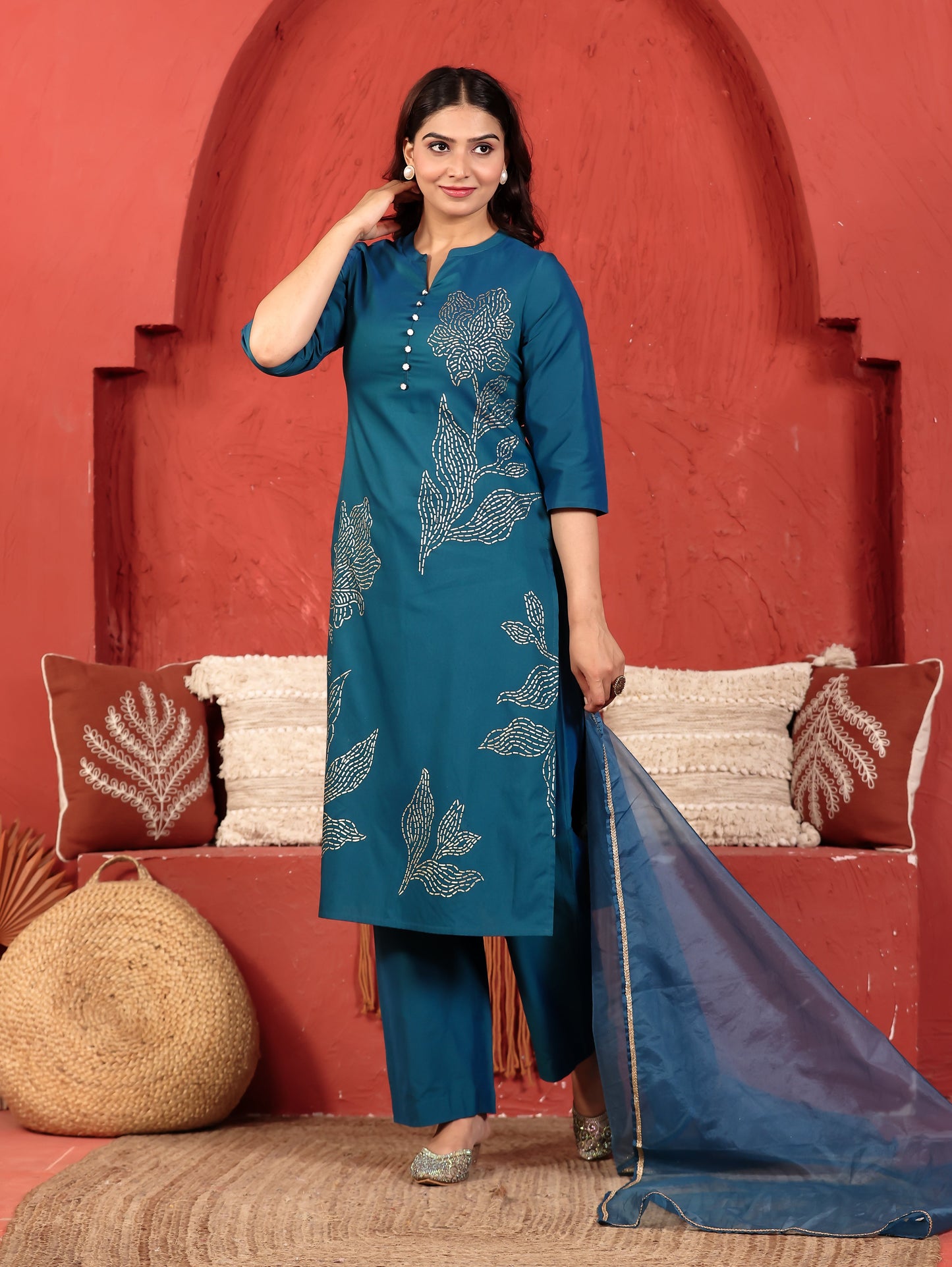 Chanderi Placement Print Straight Teal Kurta