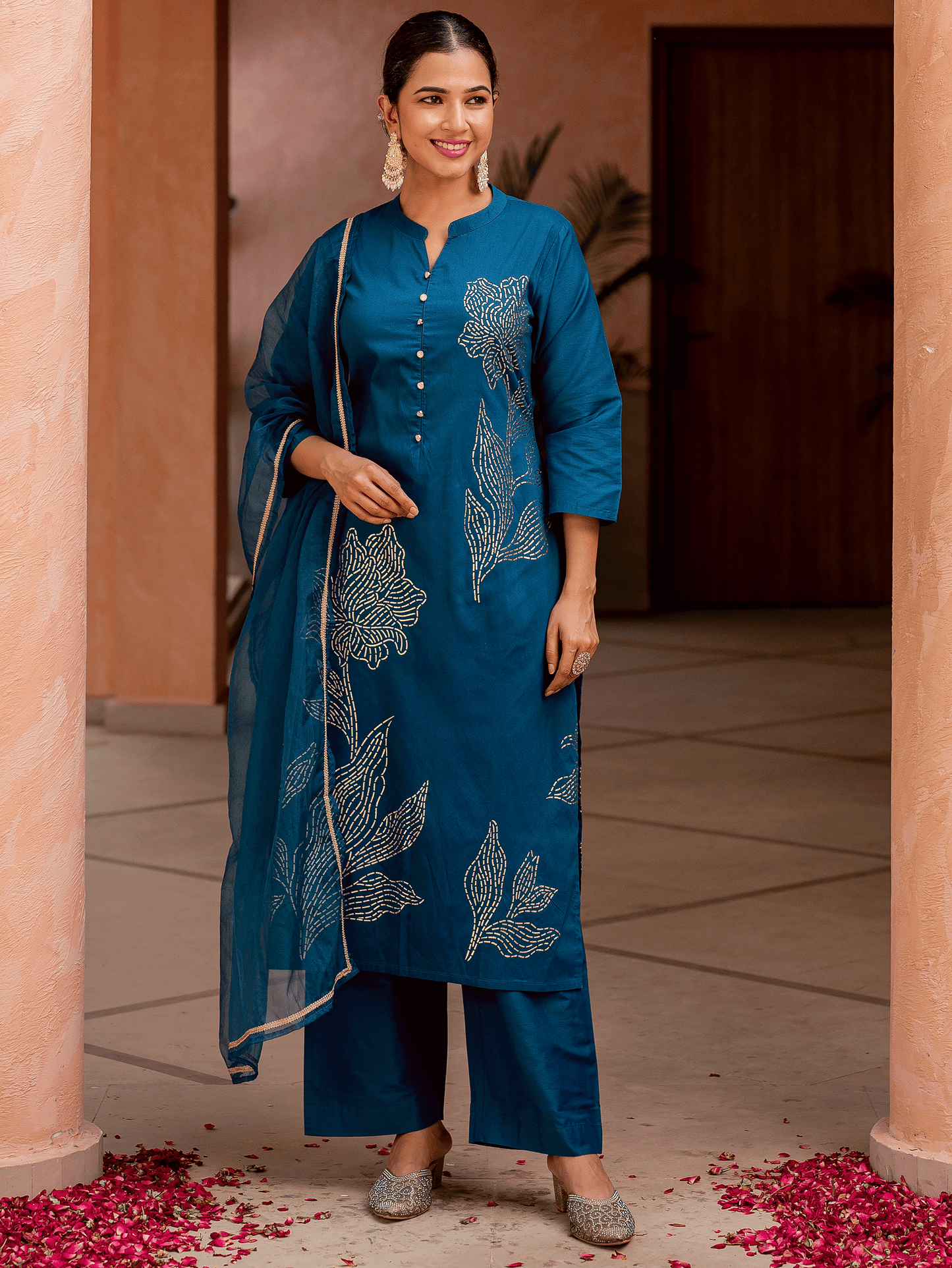 Chanderi Placement Print Straight Teal Kurta