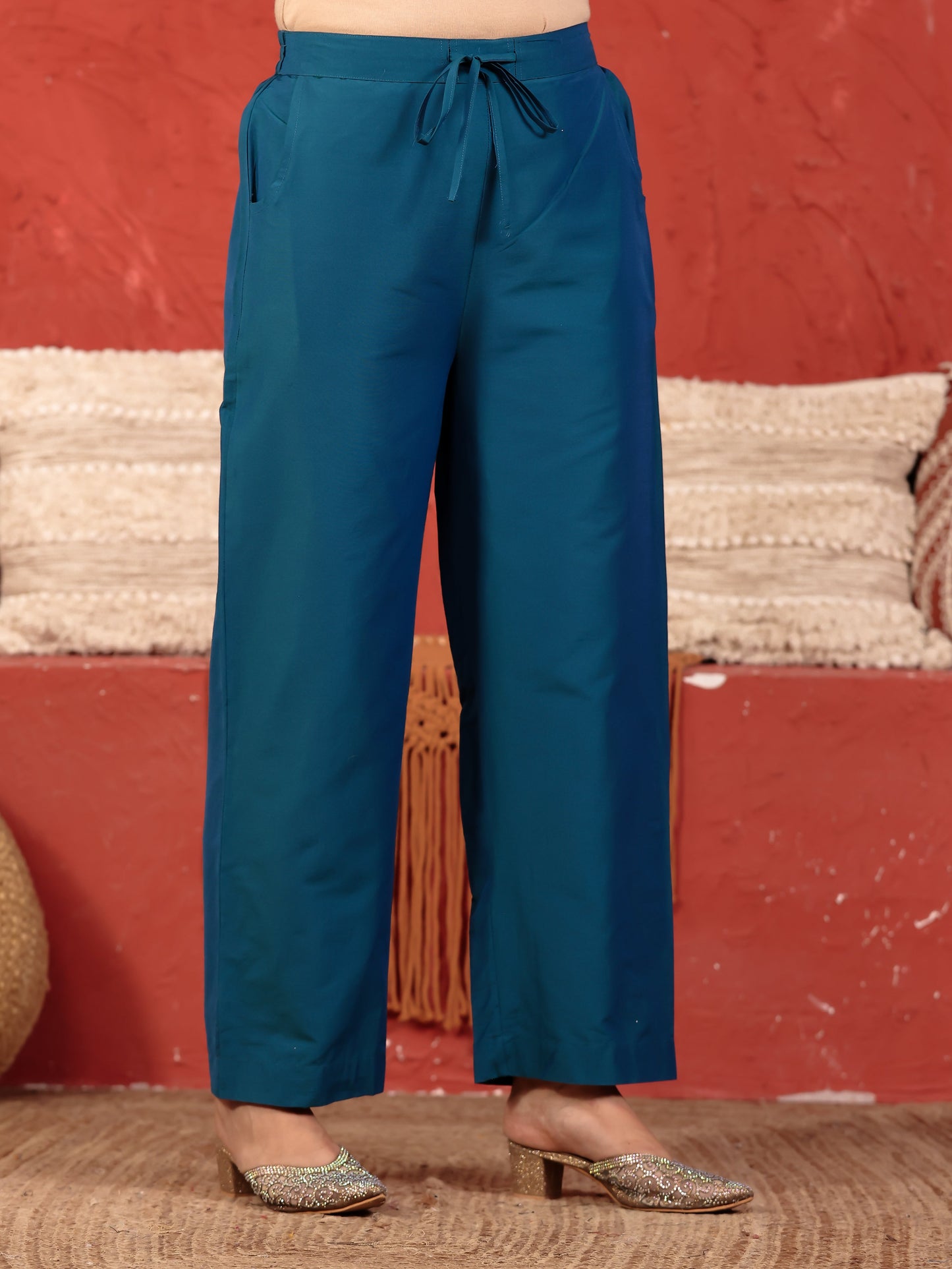 Chanderi Placement Print Straight Teal Kurta